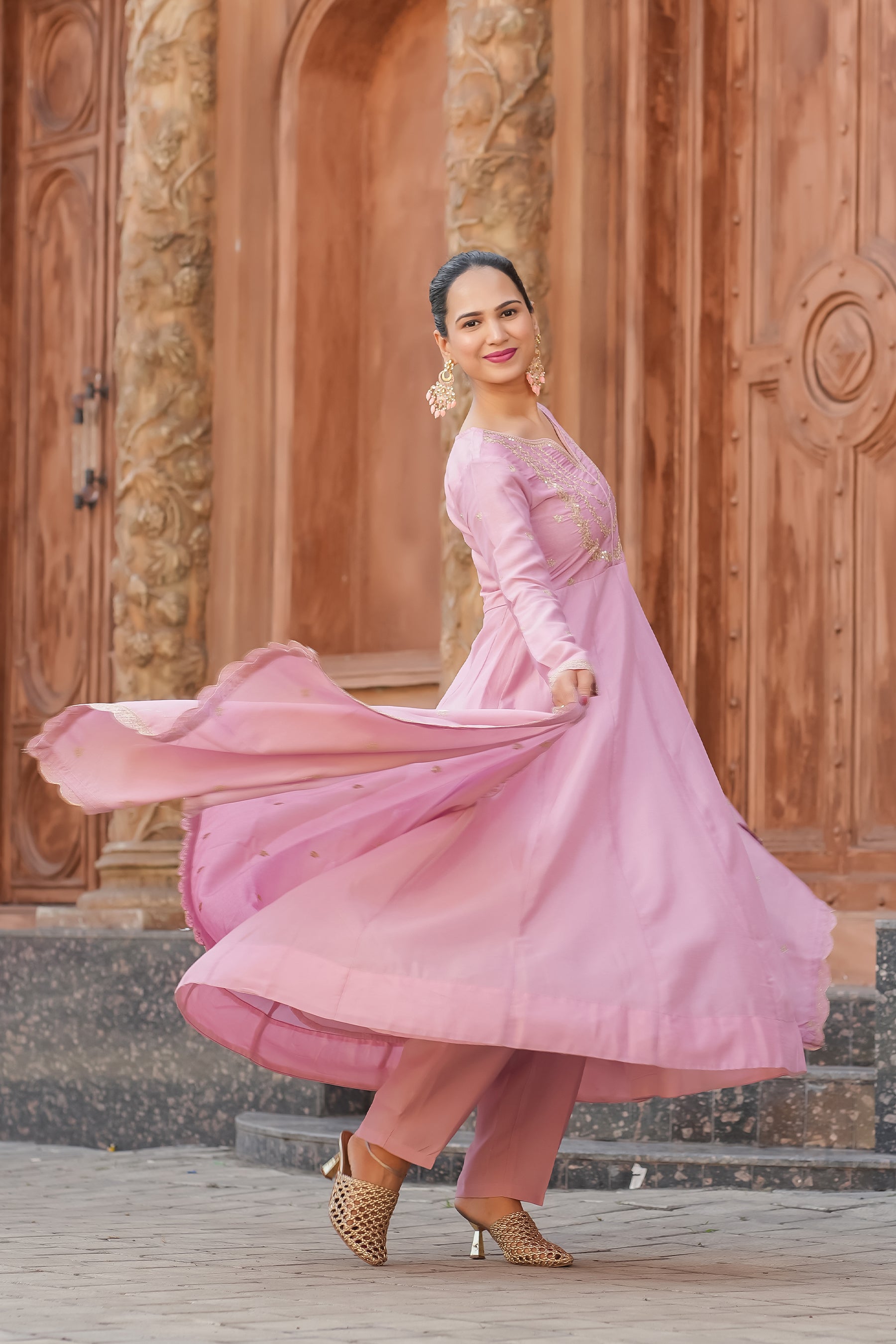 Pink Embroidered Silk Blend Anarkali Kurta With Dupatta Set