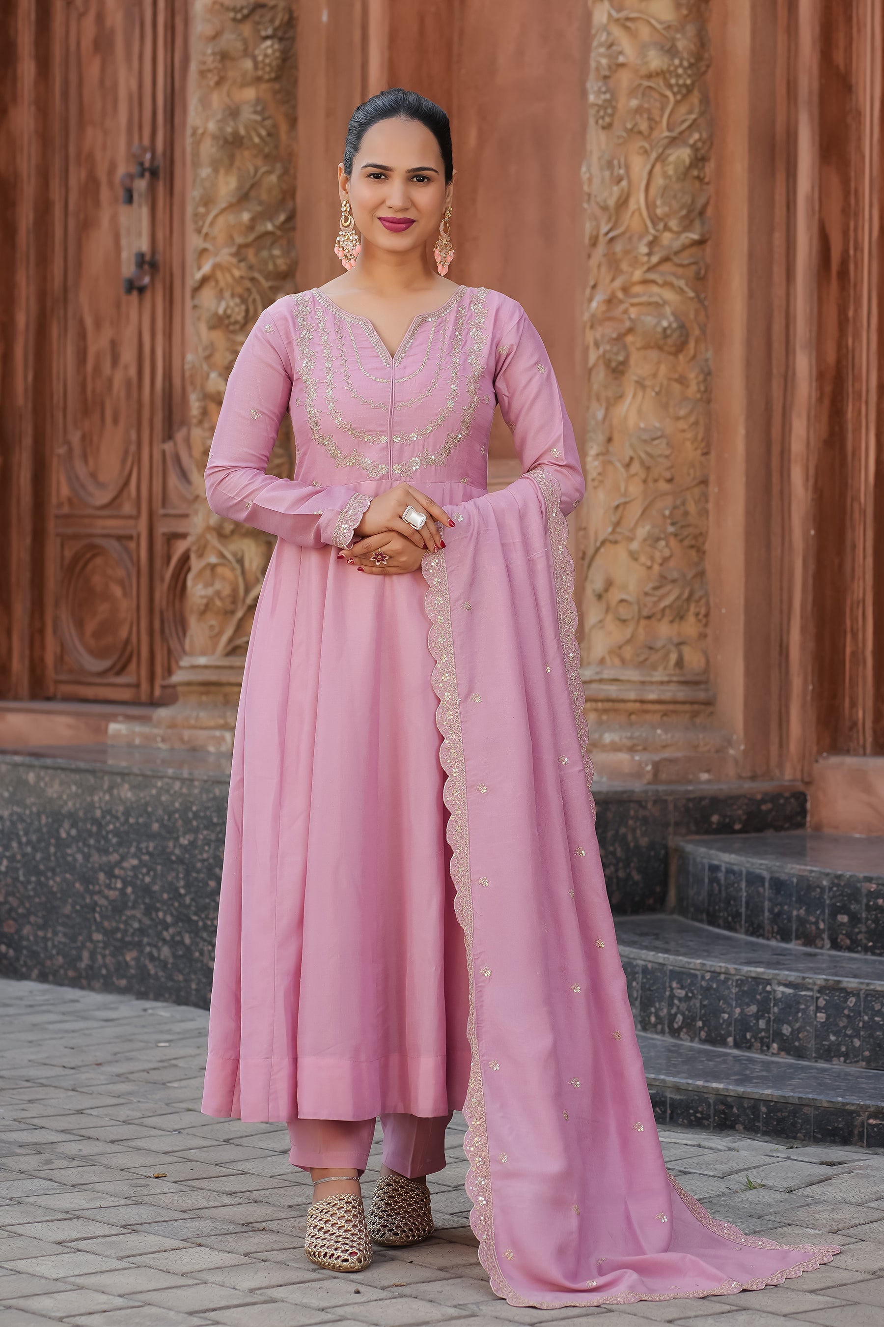 Pink Embroidered Silk Blend Anarkali Kurta With Dupatta Set