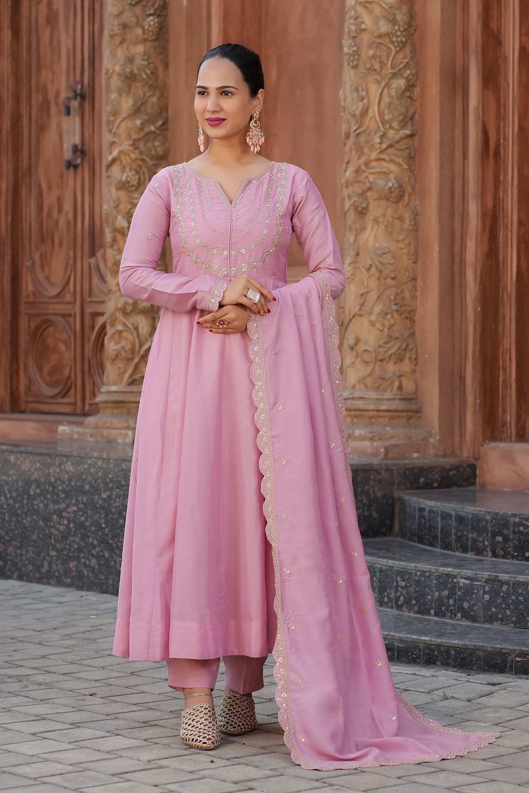 Pink Embroidered Silk Blend Anarkali Kurta With Dupatta Set