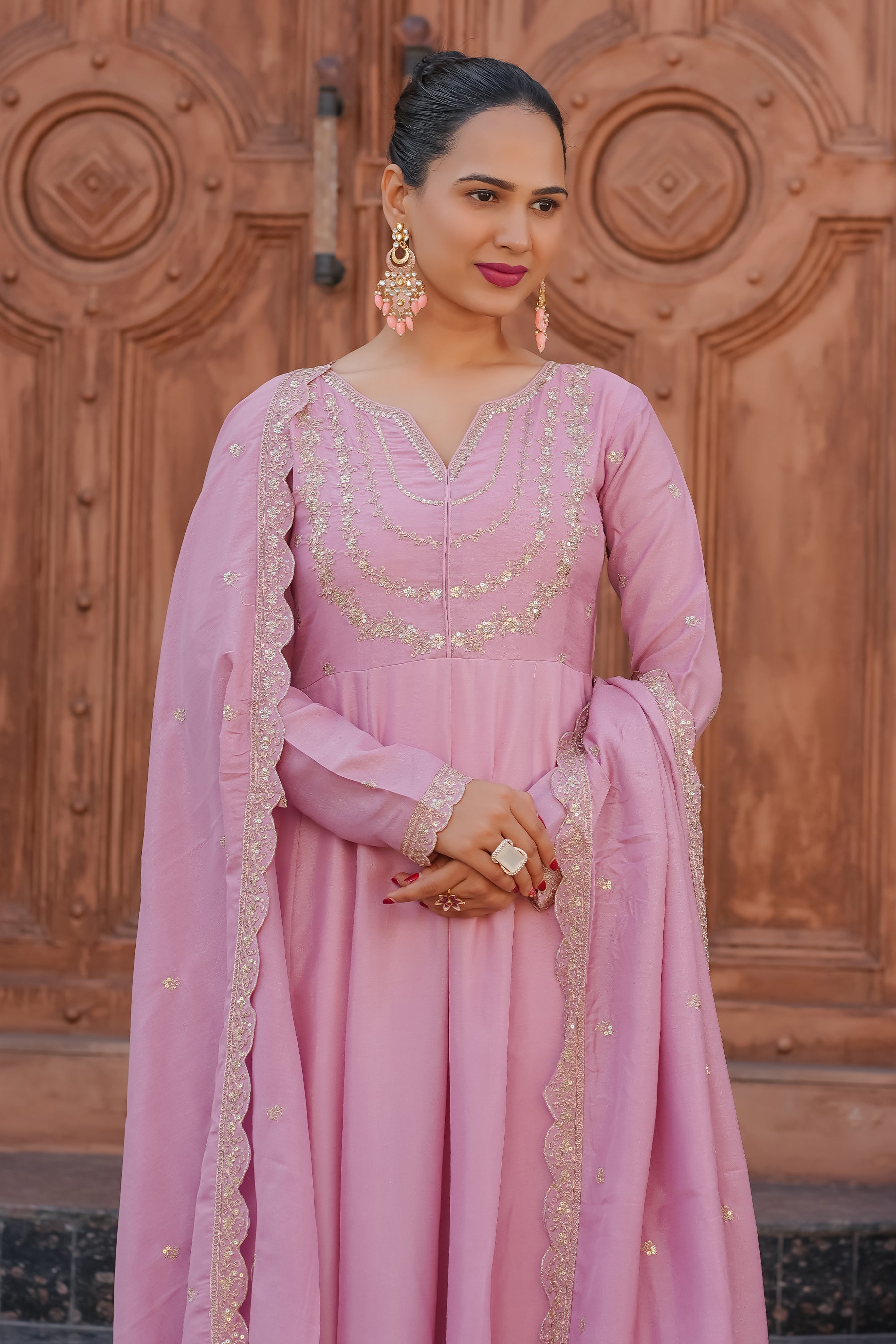 Pink Embroidered Silk Blend Anarkali Kurta With Dupatta Set