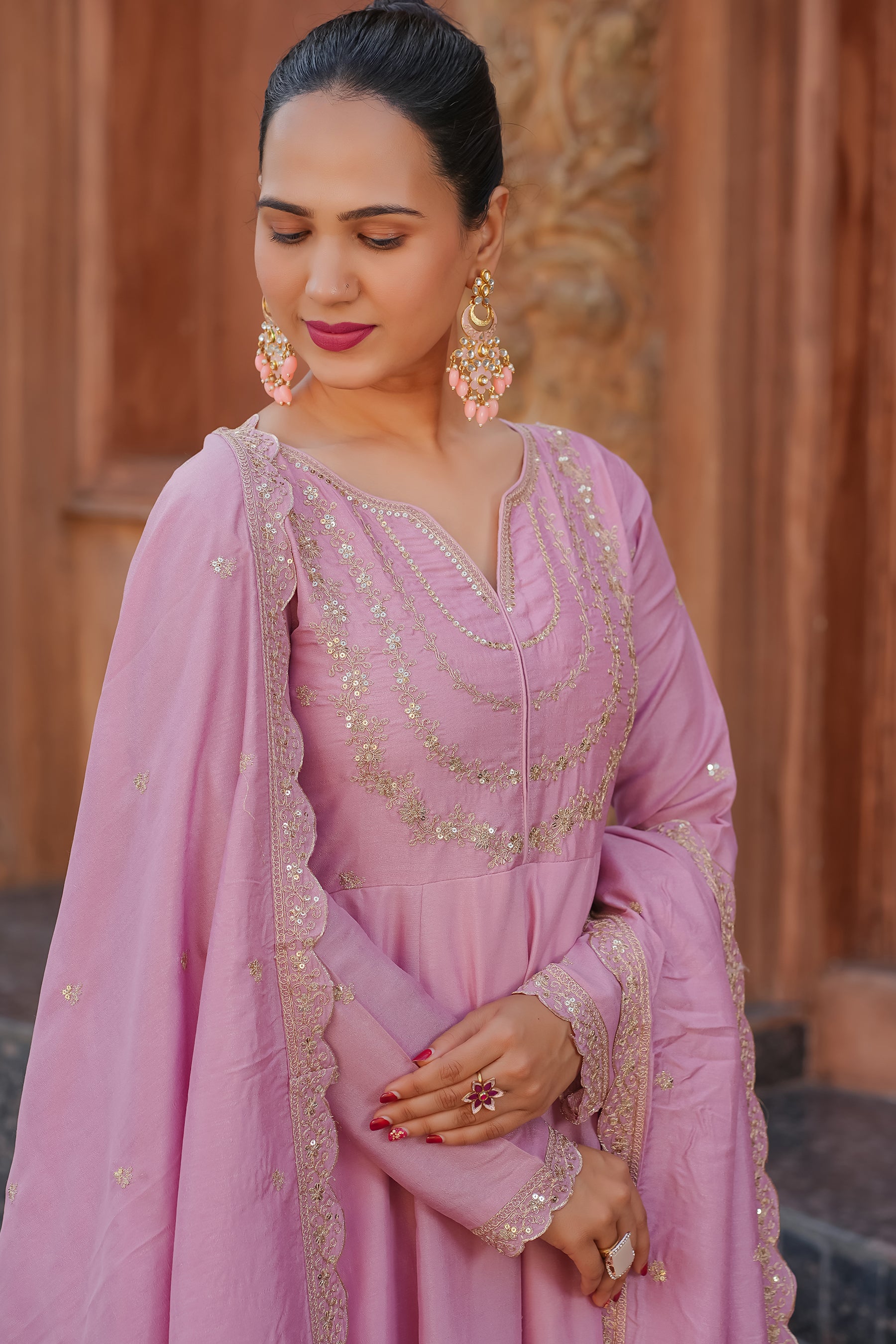 Pink Embroidered Silk Blend Anarkali Kurta With Dupatta Set