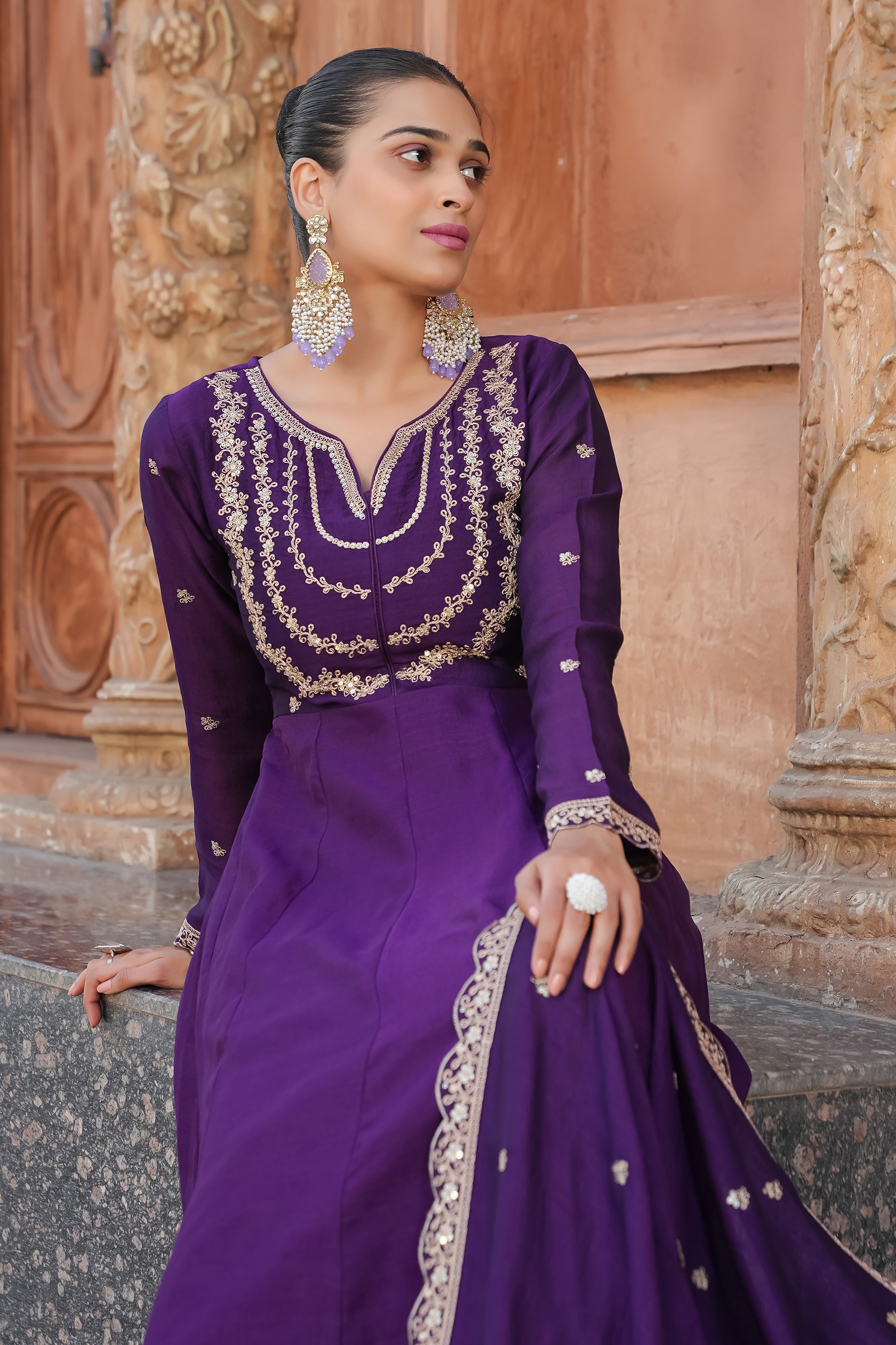 Violet Embroidered Silk Blend Anarkali Kurta With Dupatta Set