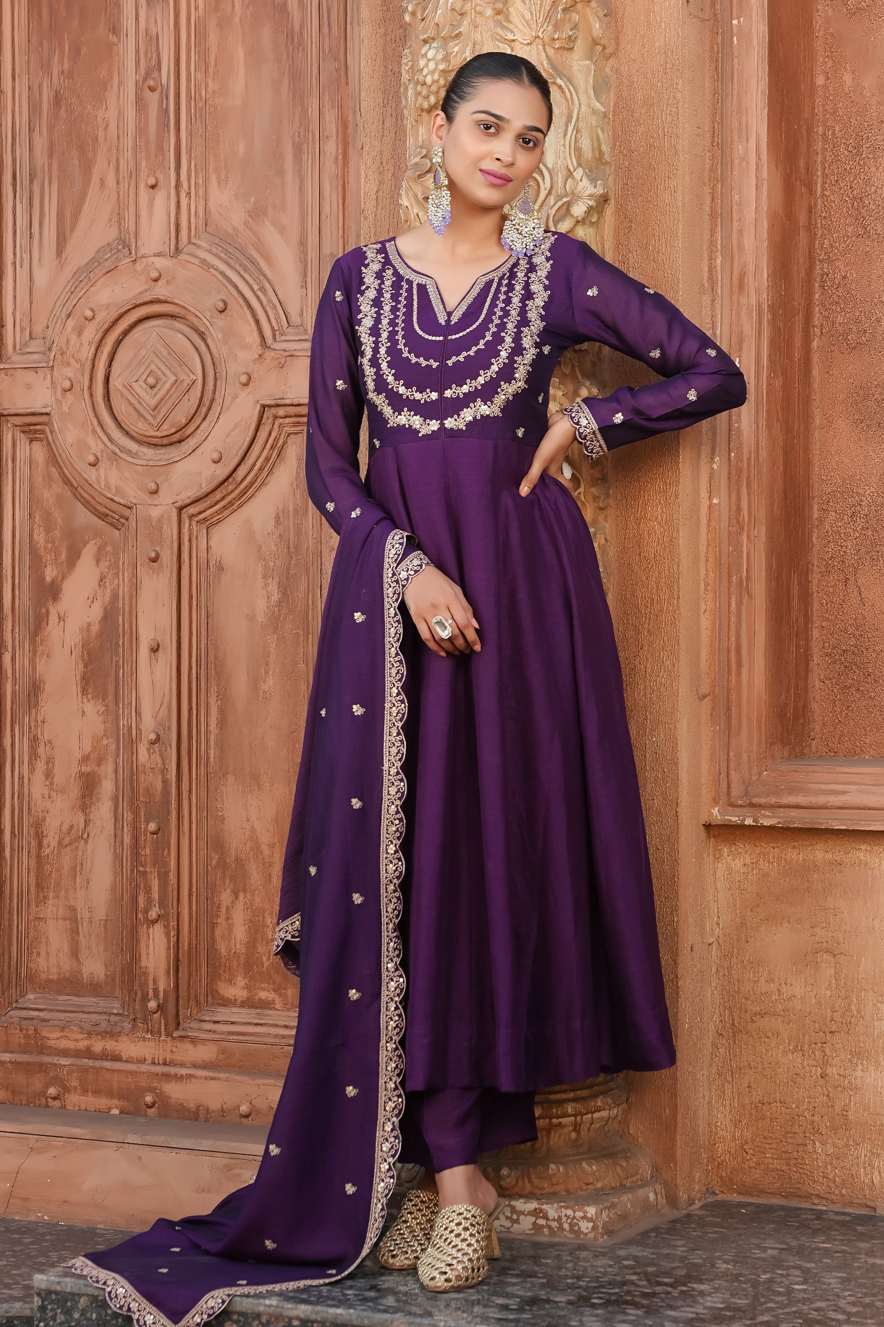 Violet Embroidered Silk Blend Anarkali Kurta With Dupatta Set