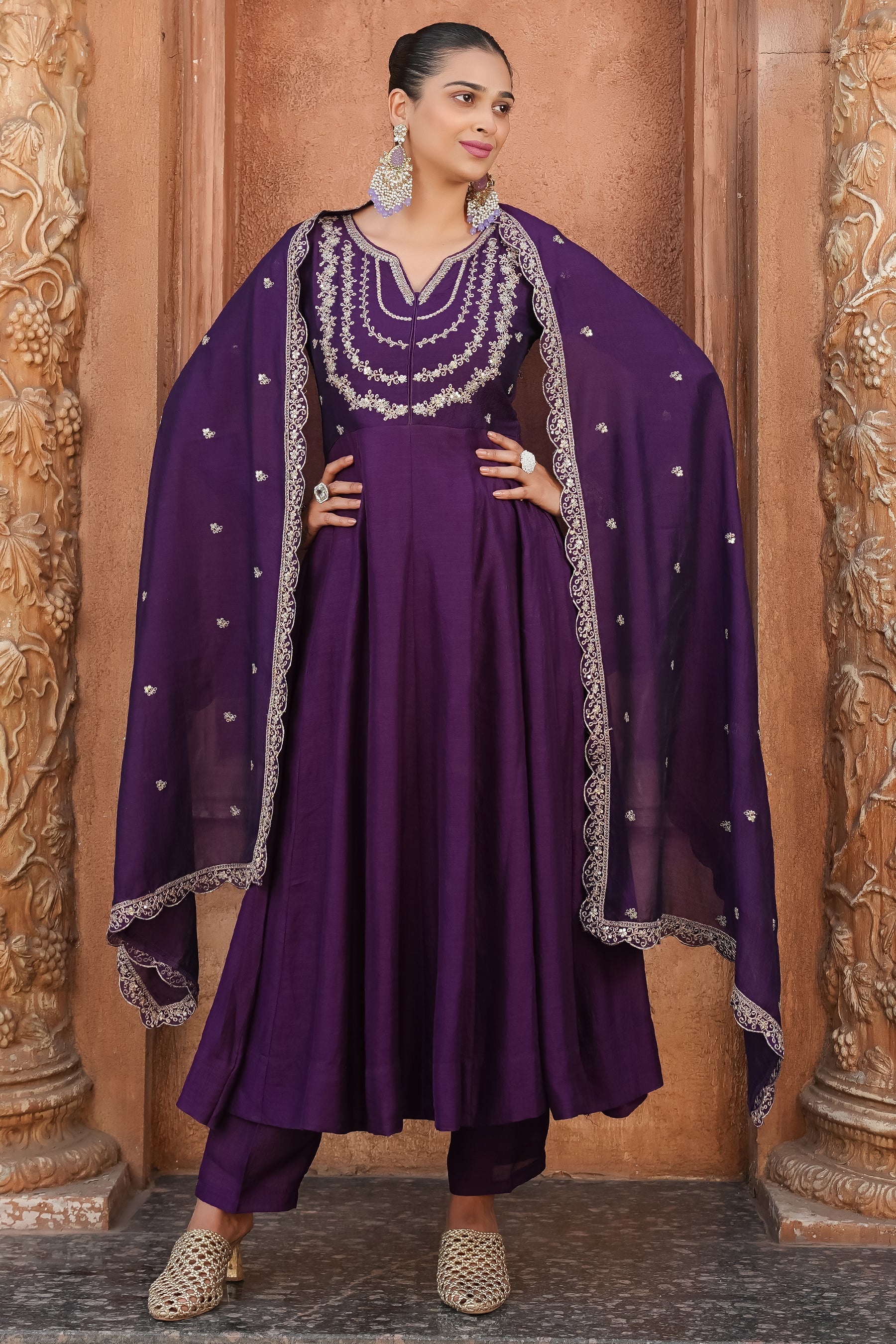 Violet Embroidered Silk Blend Anarkali Kurta With Dupatta Set