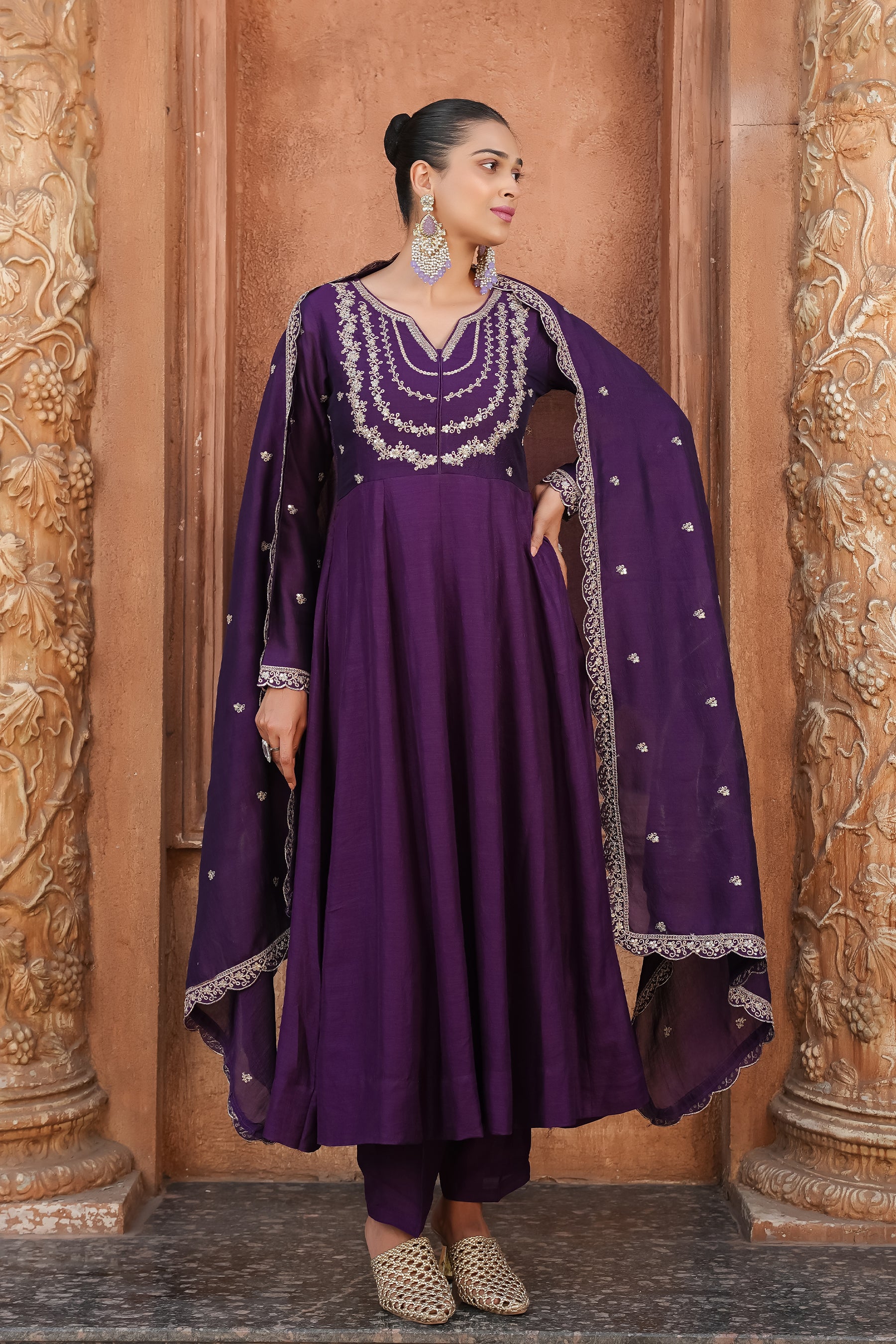 Violet Embroidered Silk Blend Anarkali Kurta With Dupatta Set