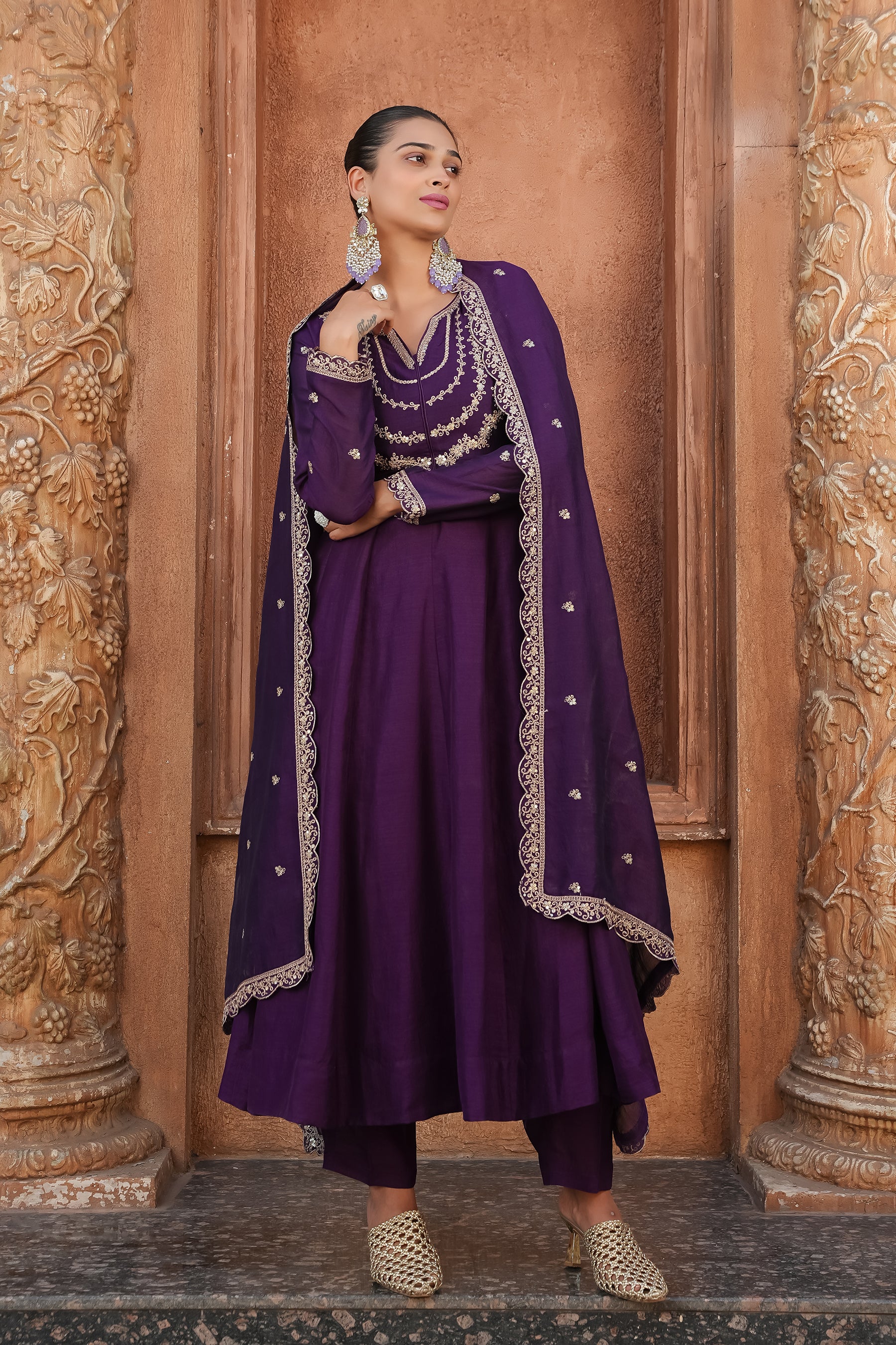 Violet Embroidered Silk Blend Anarkali Kurta With Dupatta Set