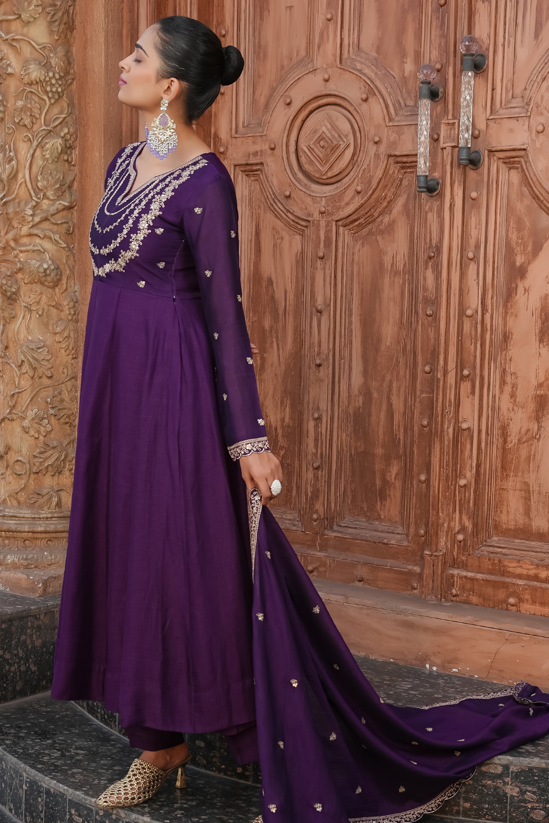 Violet Embroidered Silk Blend Anarkali Kurta With Dupatta Set