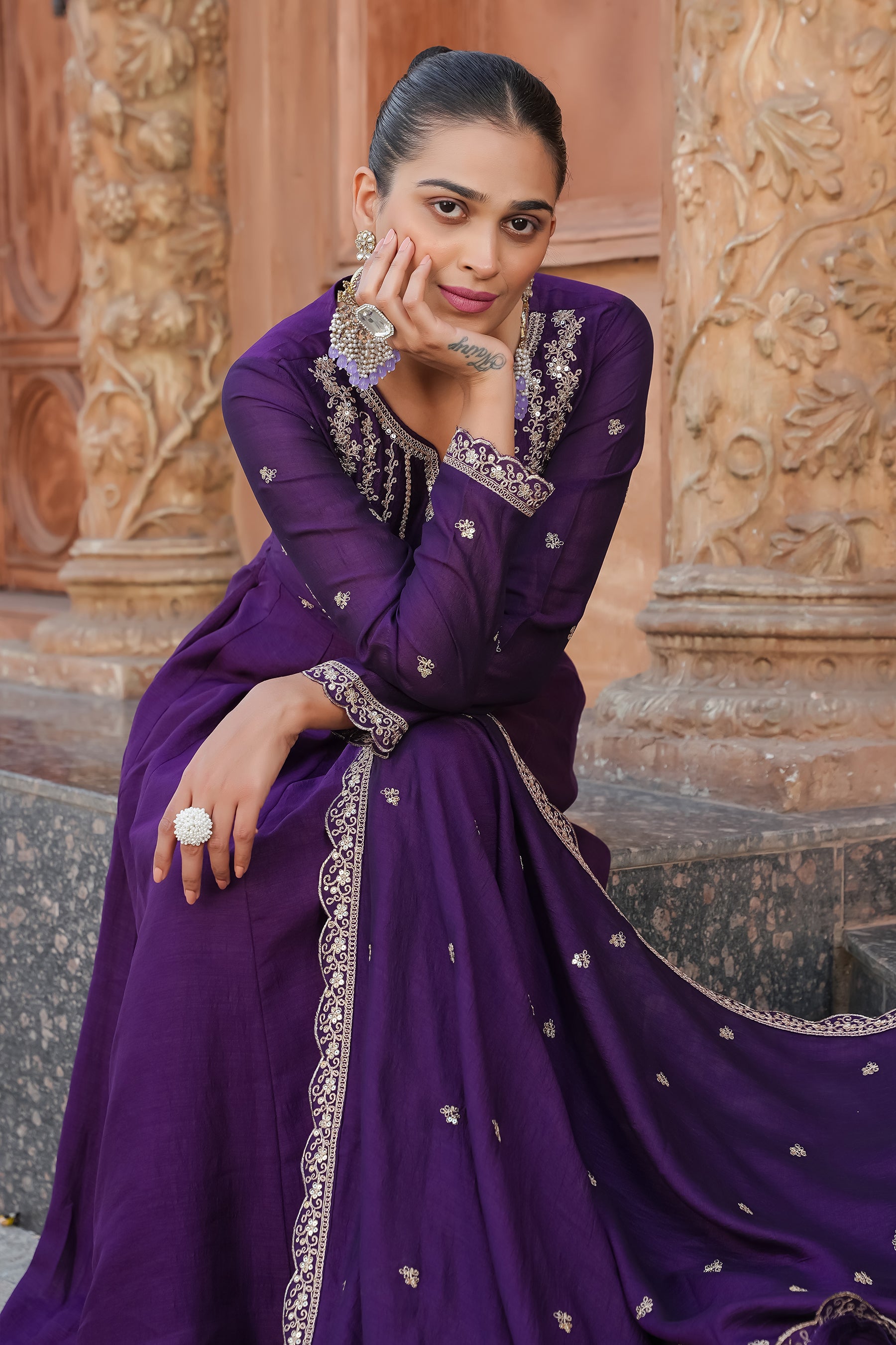 Violet Embroidered Silk Blend Anarkali Kurta With Dupatta Set