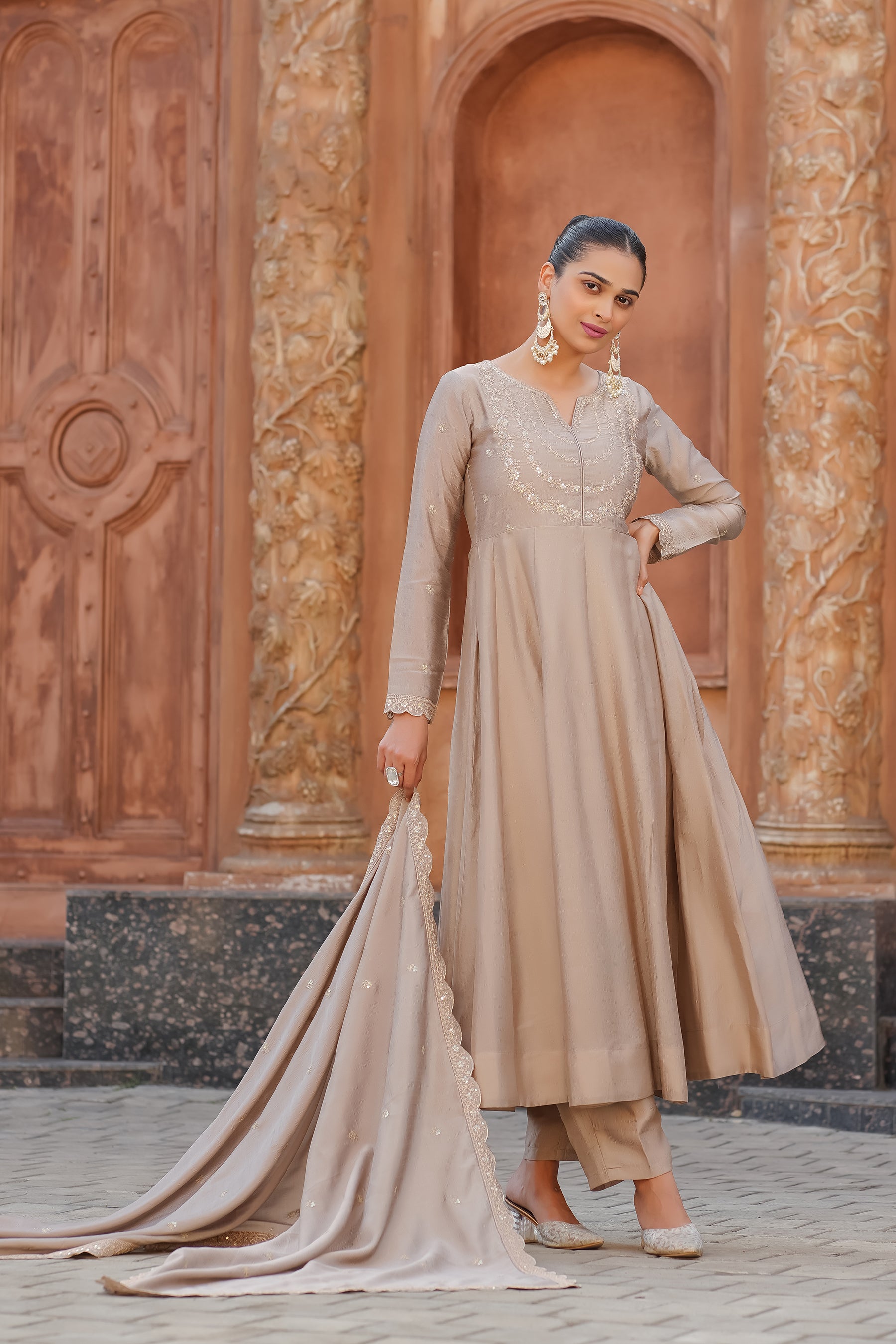 Cream Embroidered Silk Blend Anarkali Kurta With Dupatta Set