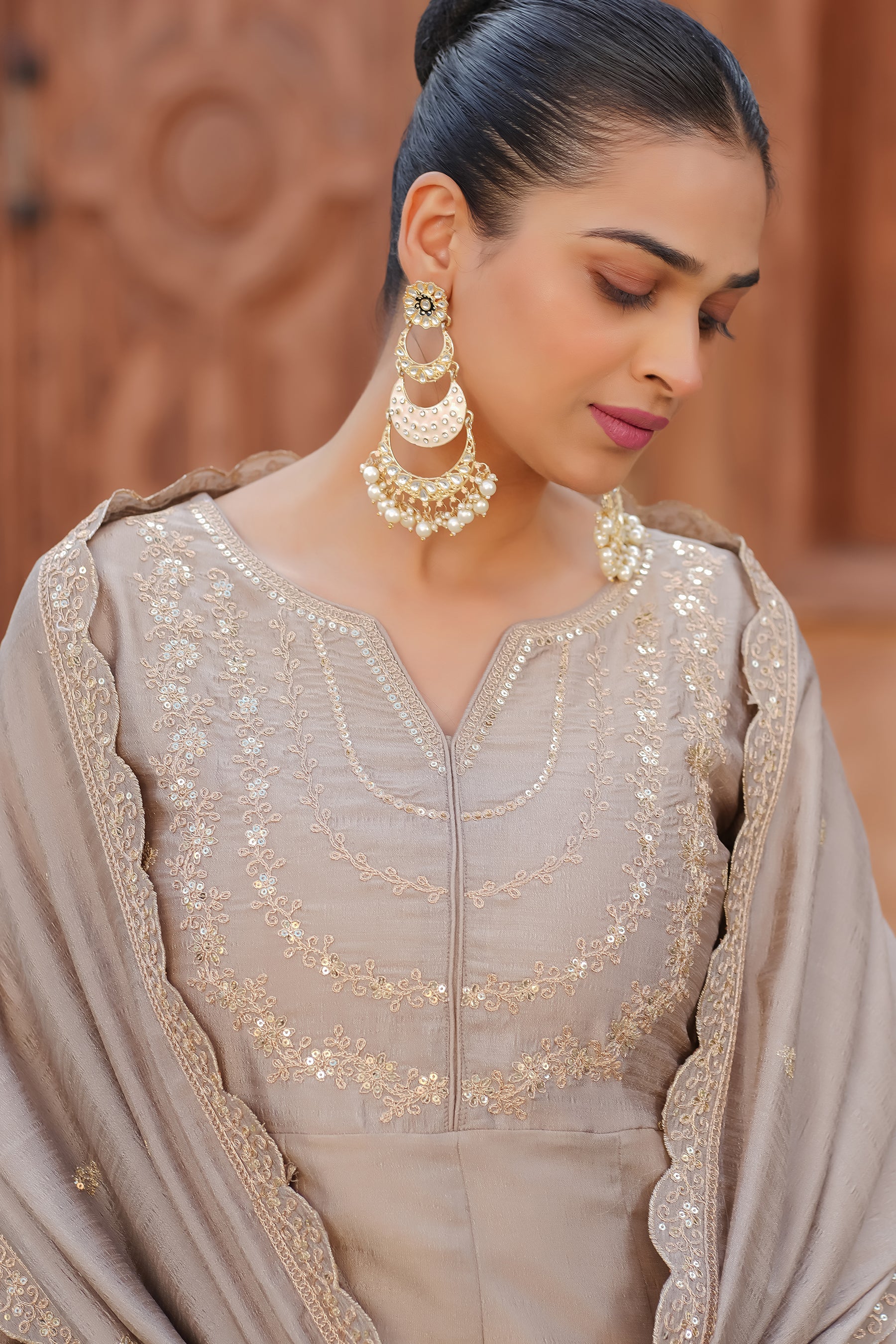 Cream Embroidered Silk Blend Anarkali Kurta With Dupatta Set