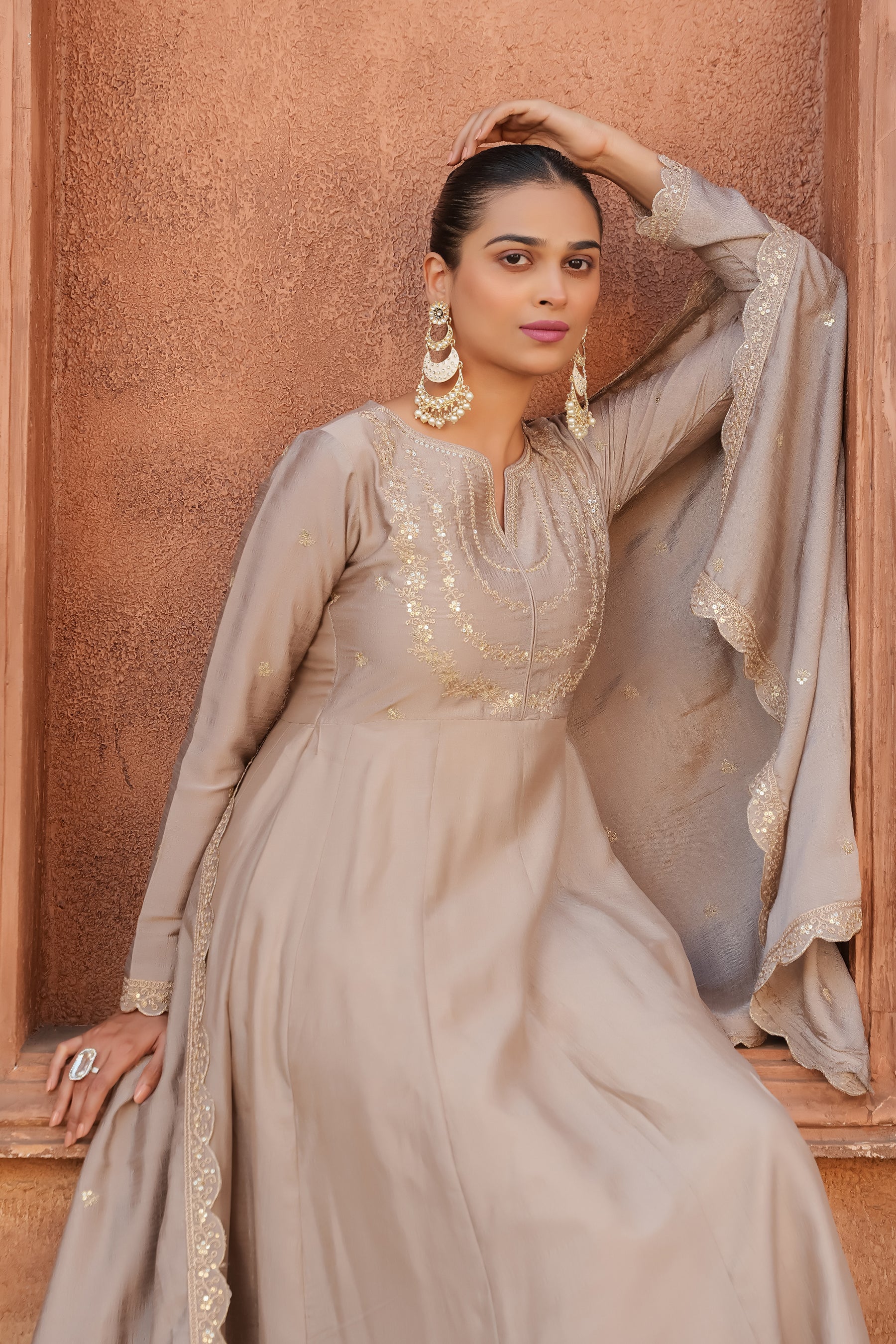 Cream Embroidered Silk Blend Anarkali Kurta With Dupatta Set