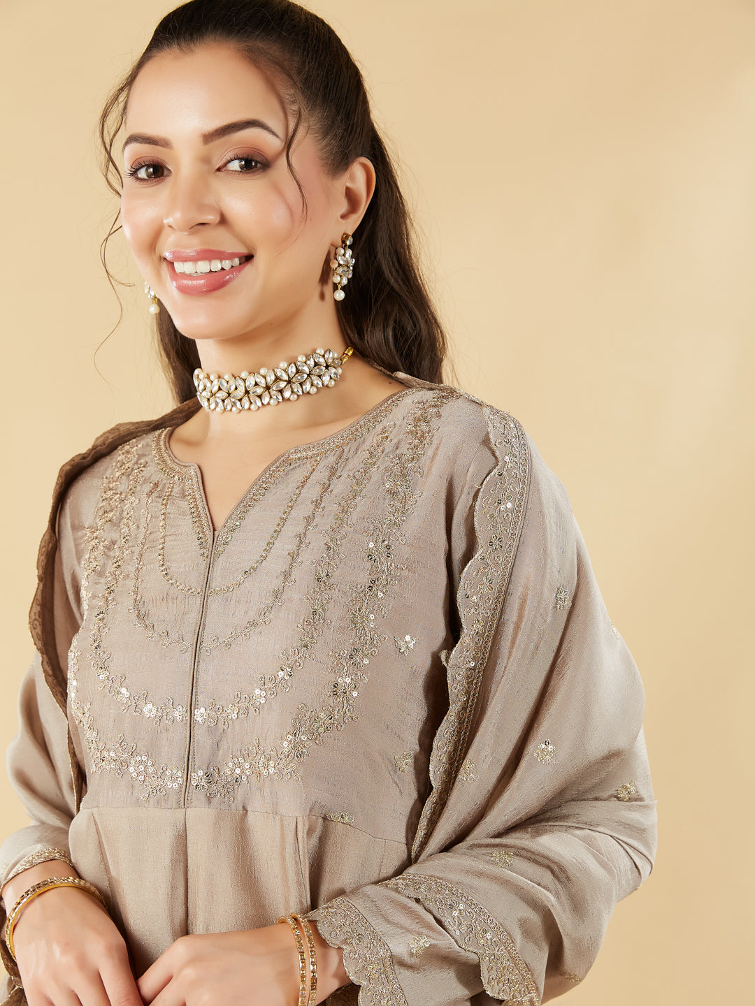 Cream Embroidered Silk Blend Anarkali Kurta With Dupatta Set
