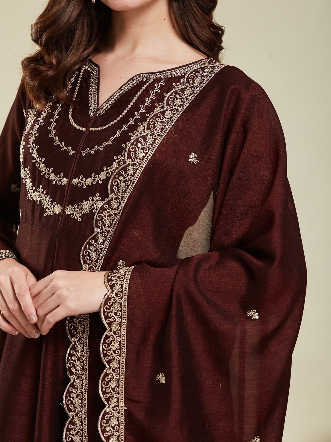 Brown Embroidered Silk Blend Anarkali Kurta With Dupatta Set