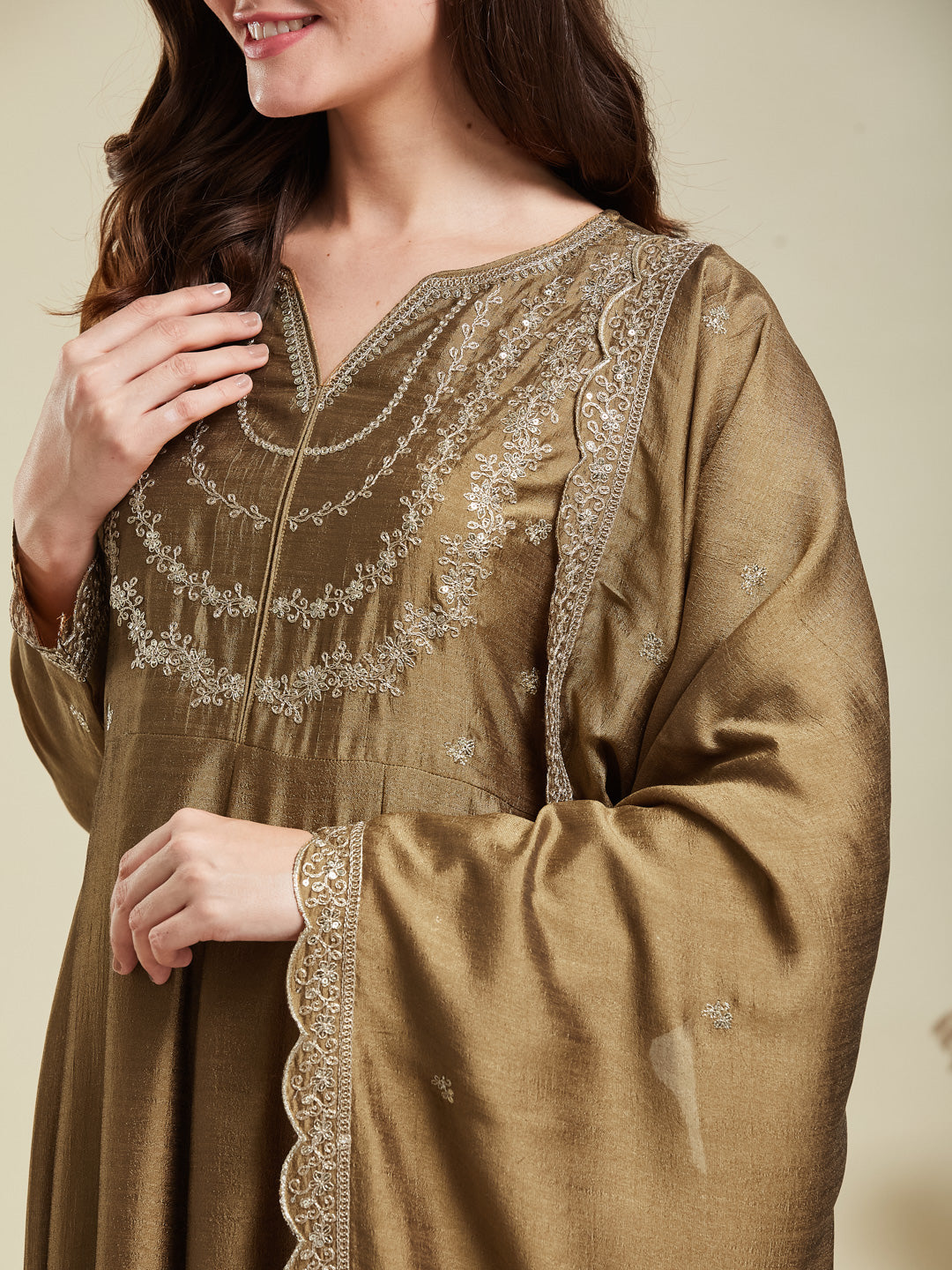 Gold Embroidered Silk Blend Anarkali Kurta With Dupatta Set
