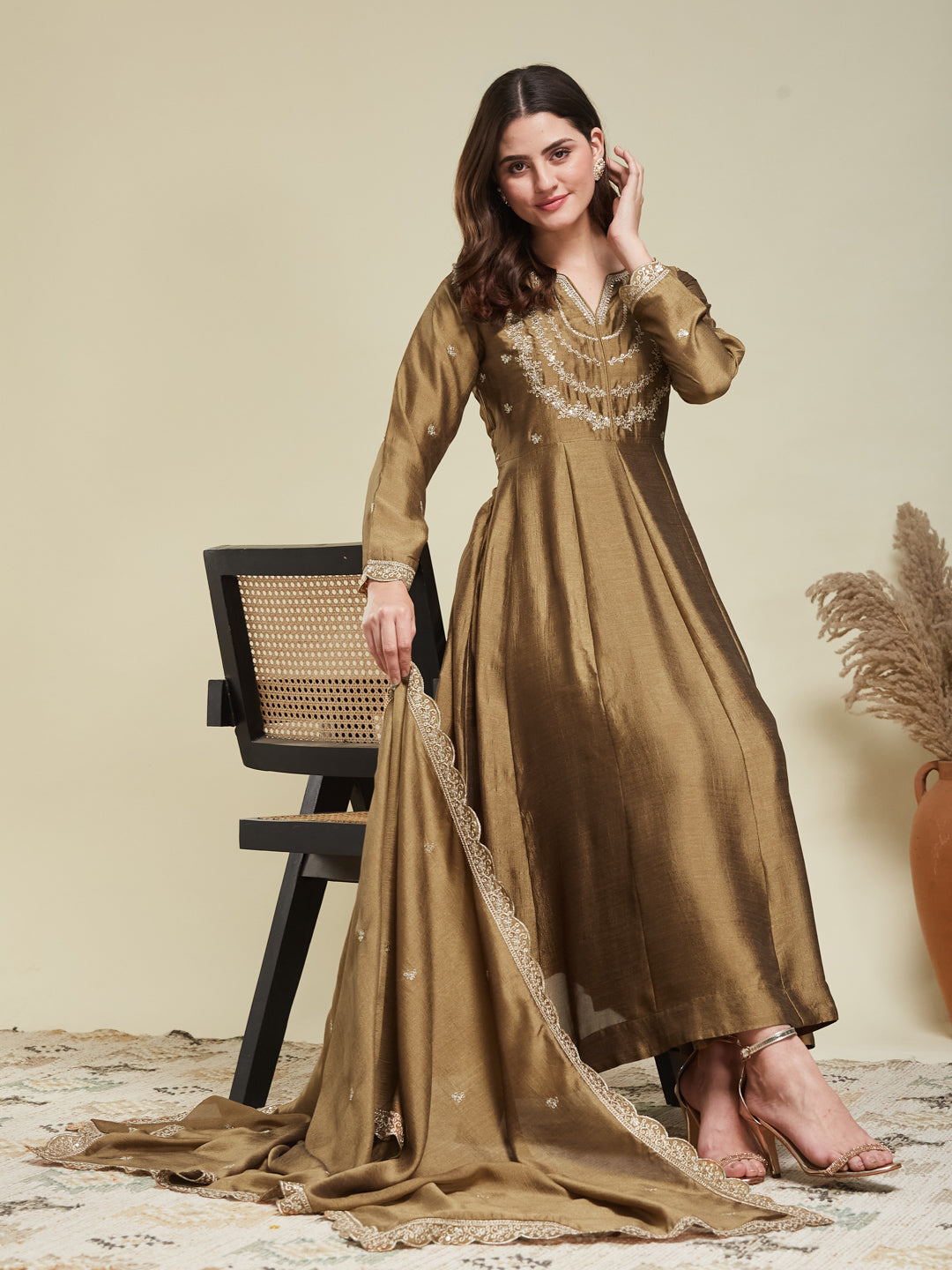 Gold Embroidered Silk Blend Anarkali Kurta With Dupatta Set