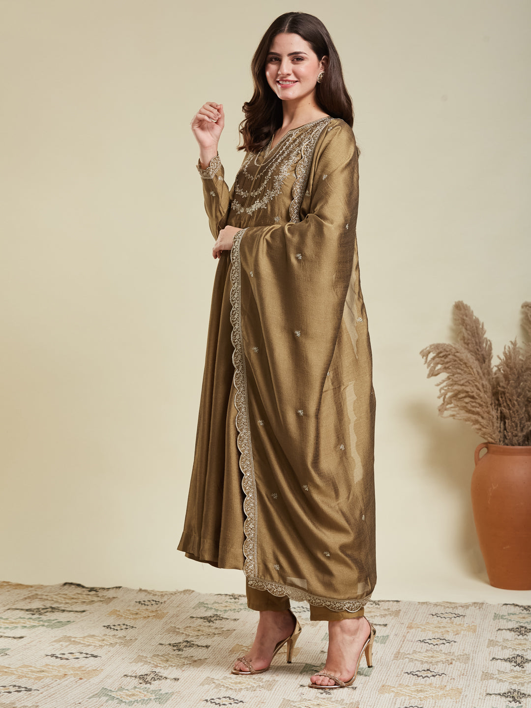 Gold Embroidered Silk Blend Anarkali Kurta With Dupatta Set