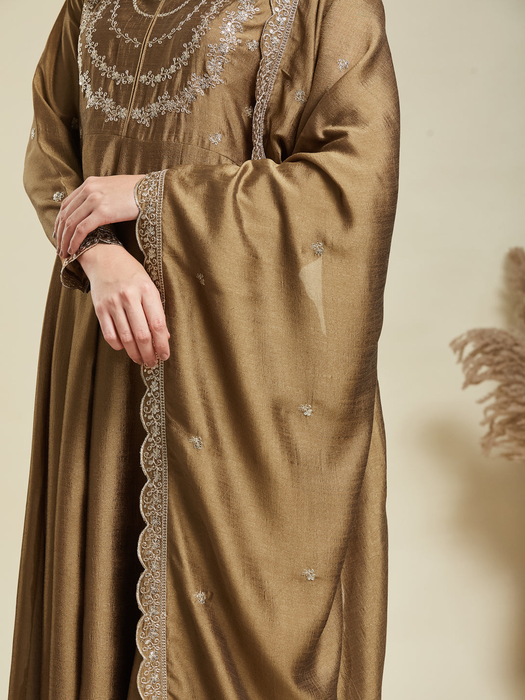 Gold Embroidered Silk Blend Anarkali Kurta With Dupatta Set
