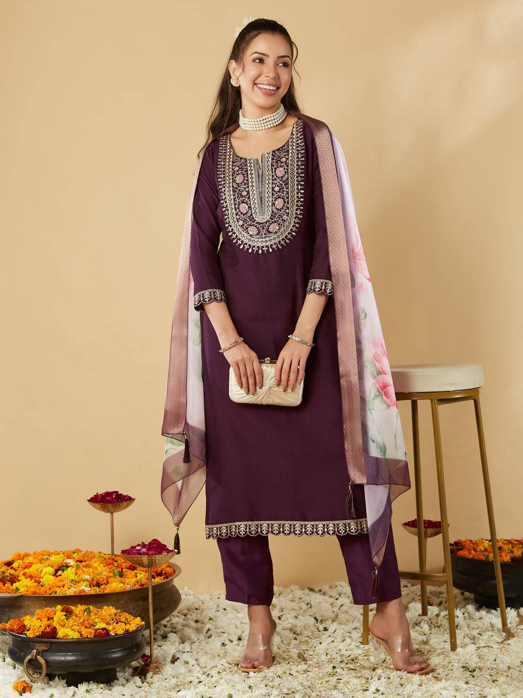 Wine Embroidered Chinon Straight Kurta With Printed Dupatta