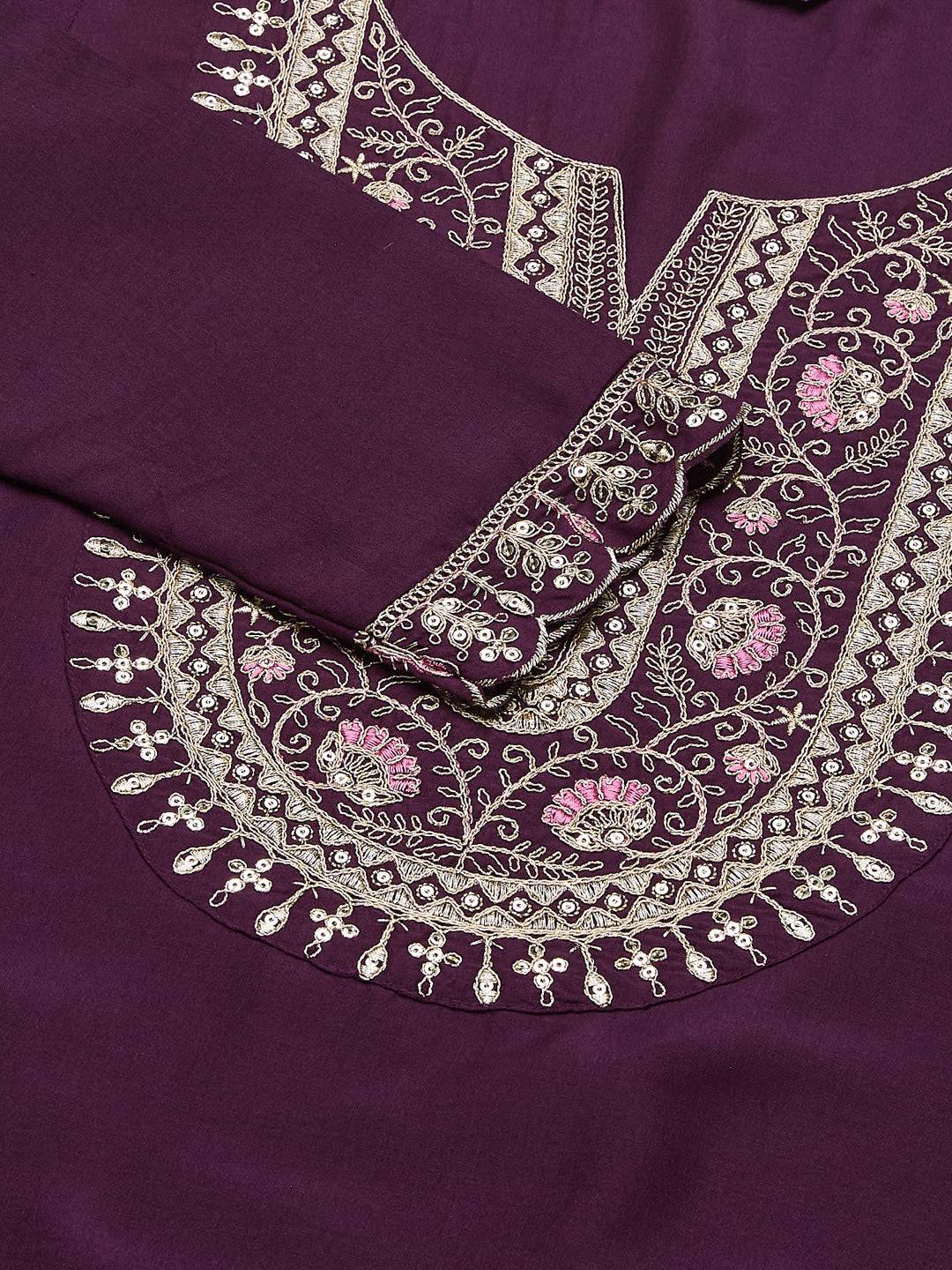 Wine Embroidered Chinon Straight Kurta With Printed Dupatta