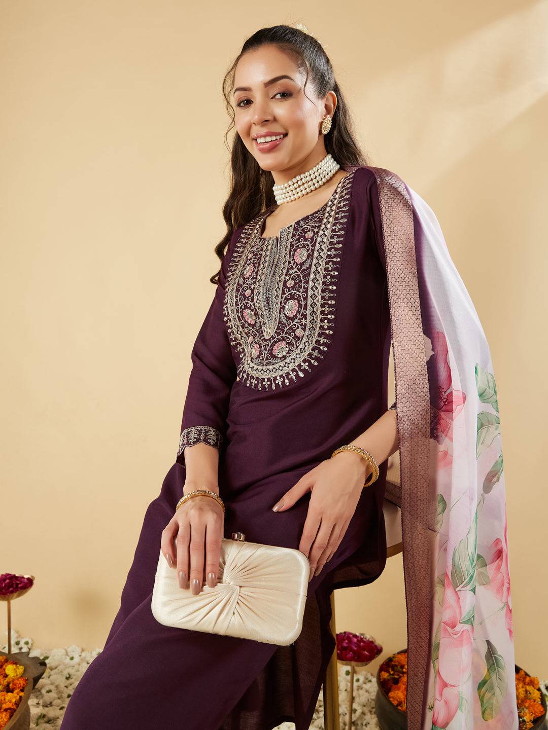 Wine Embroidered Chinon Straight Kurta With Printed Dupatta