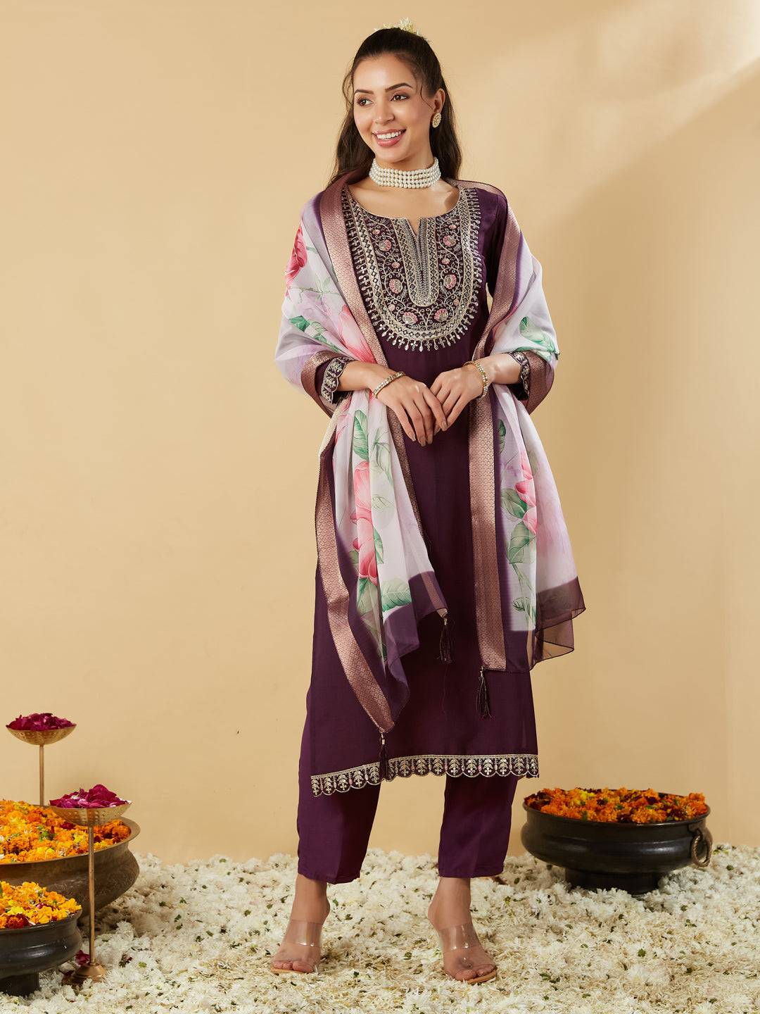 Wine Embroidered Chinon Straight Kurta With Printed Dupatta