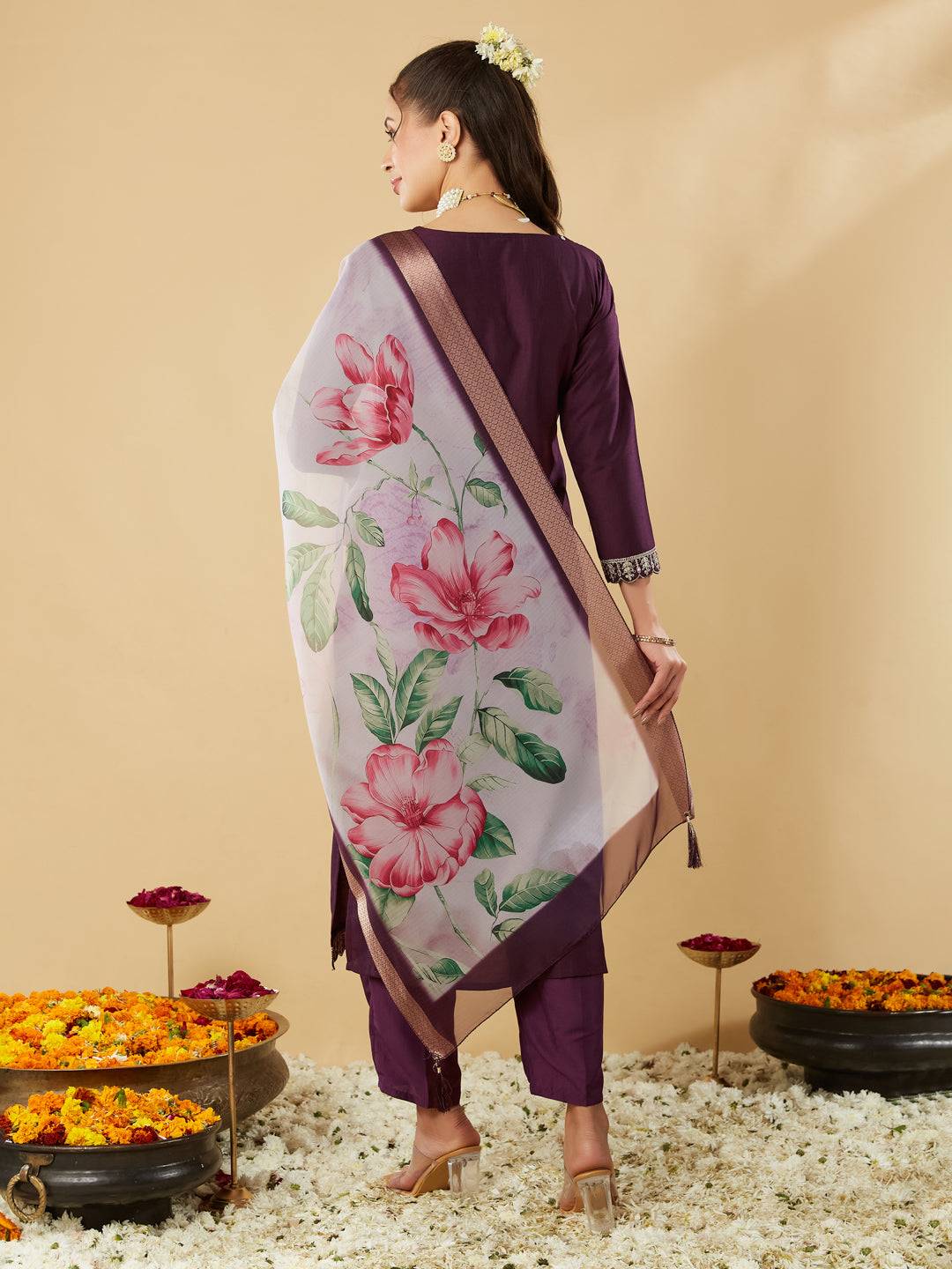 Wine Embroidered Chinon Straight Kurta With Printed Dupatta