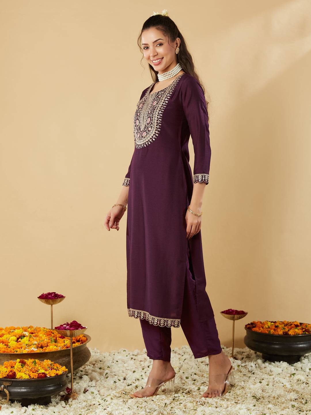 Wine Embroidered Chinon Straight Kurta With Printed Dupatta