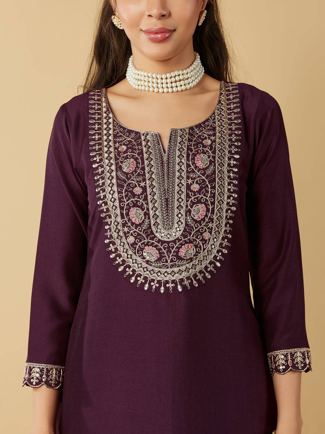 Wine Embroidered Chinon Straight Kurta With Printed Dupatta