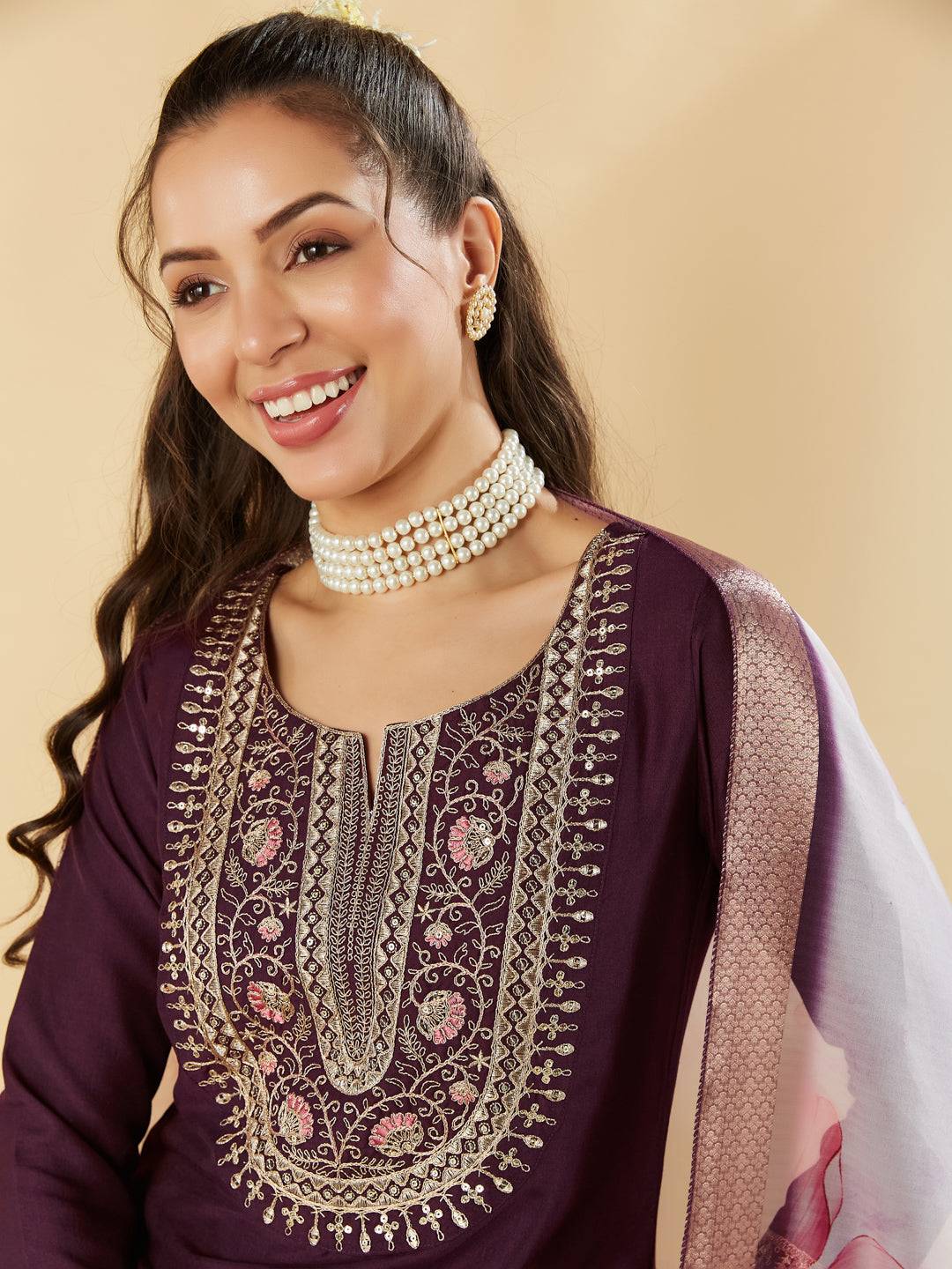 Wine Embroidered Chinon Straight Kurta With Printed Dupatta