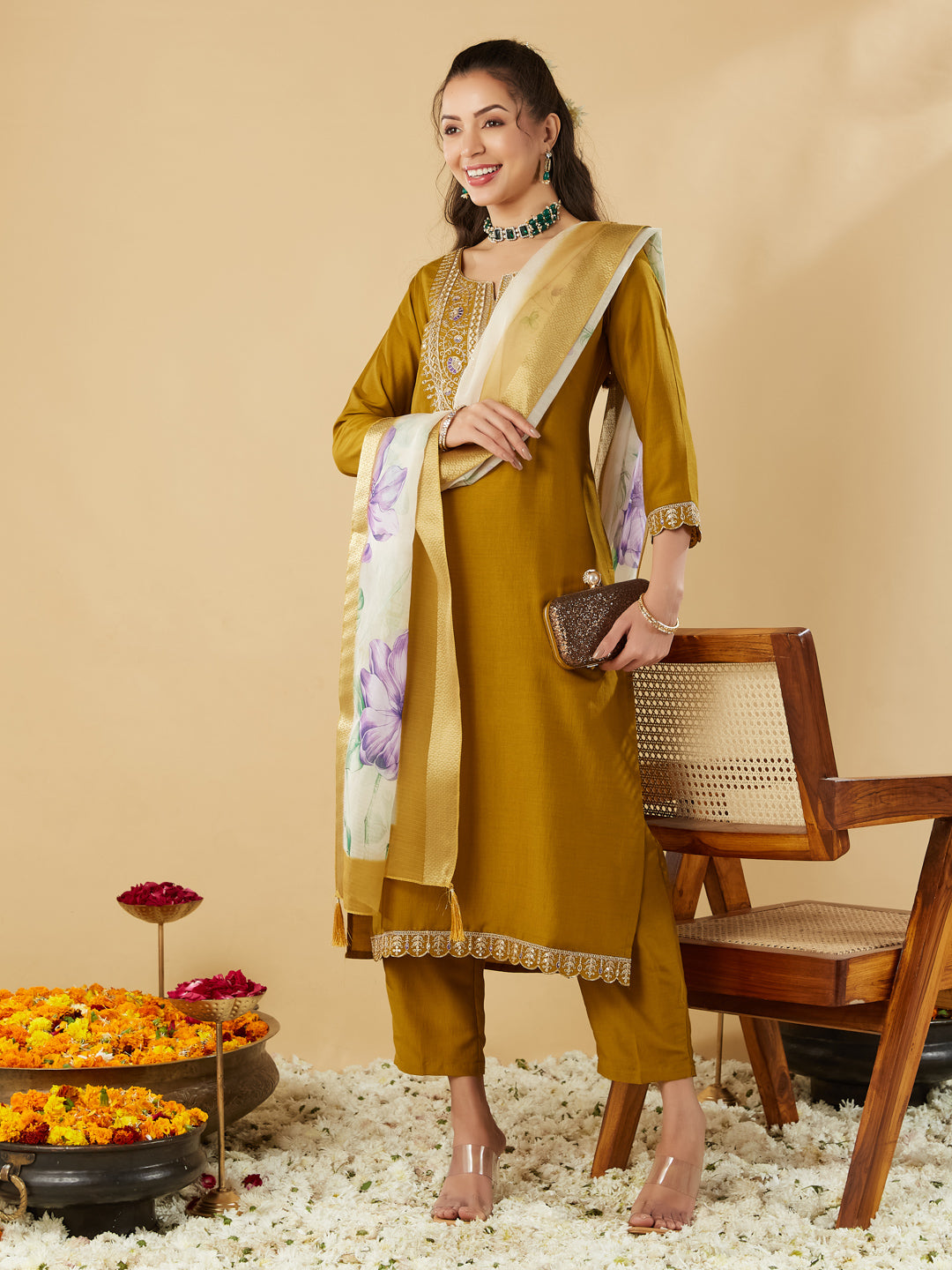 Yellow Embroidered Chinon Straight Kurta With Printed Dupatta