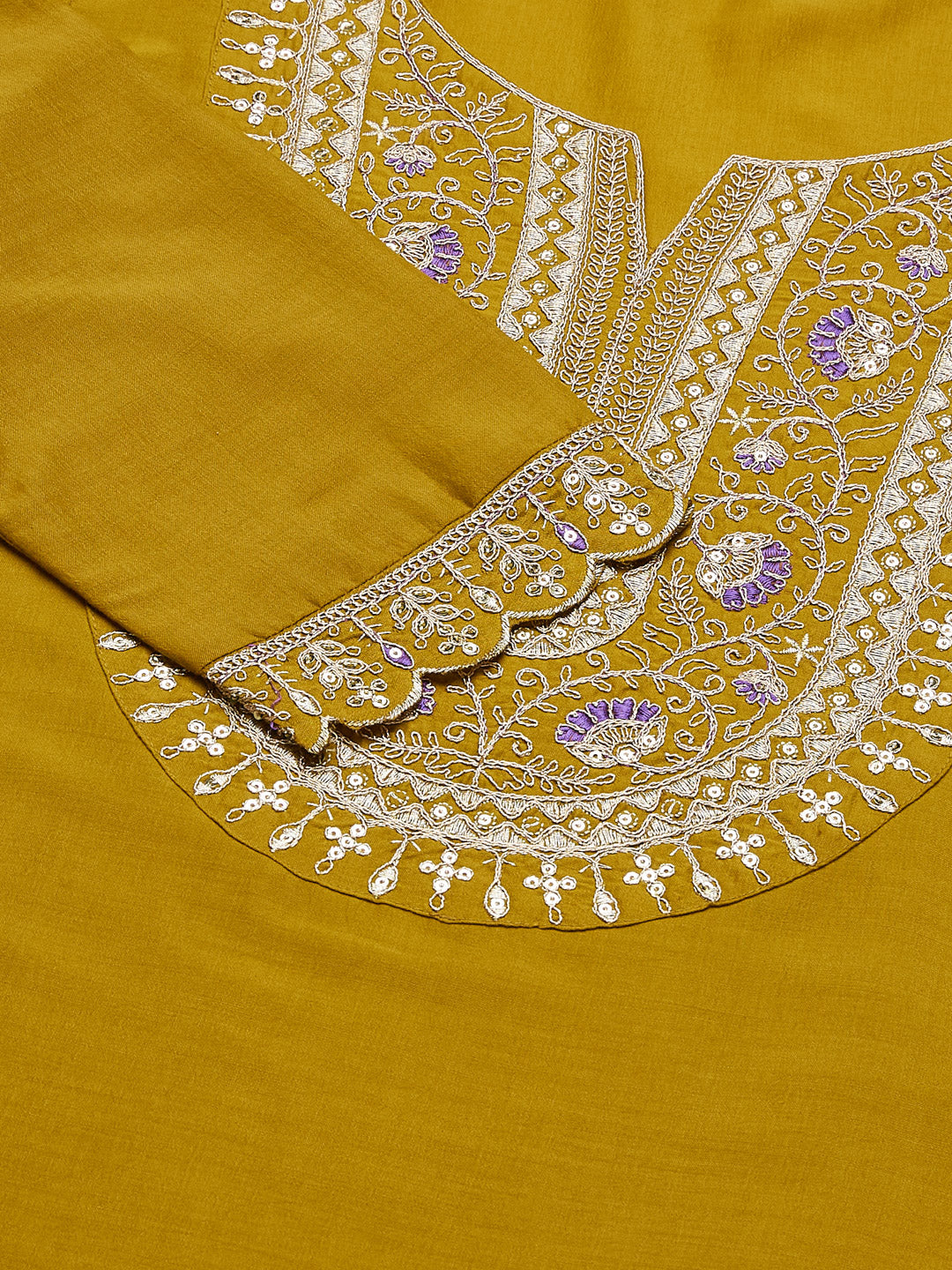 Yellow Embroidered Chinon Straight Kurta With Printed Dupatta