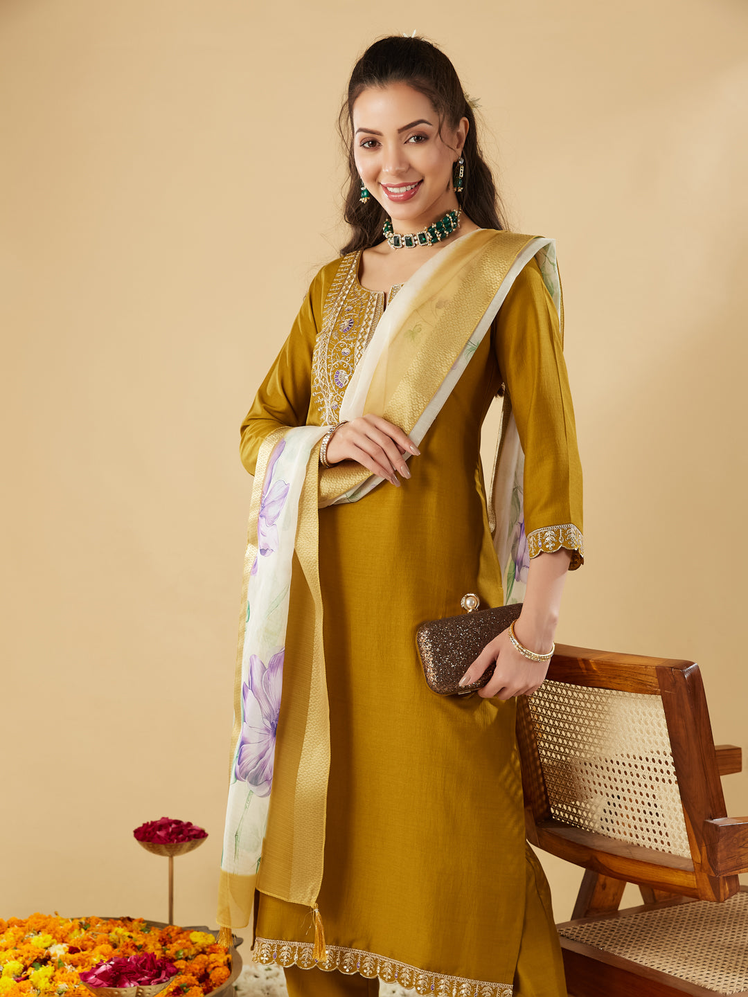 Yellow Embroidered Chinon Straight Kurta With Printed Dupatta