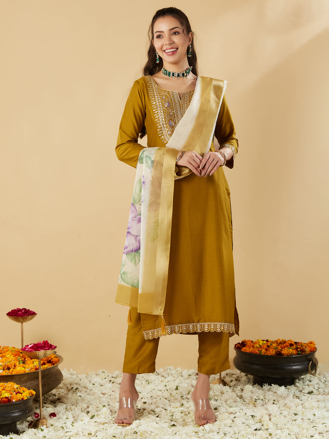 Yellow Embroidered Chinon Straight Kurta With Printed Dupatta