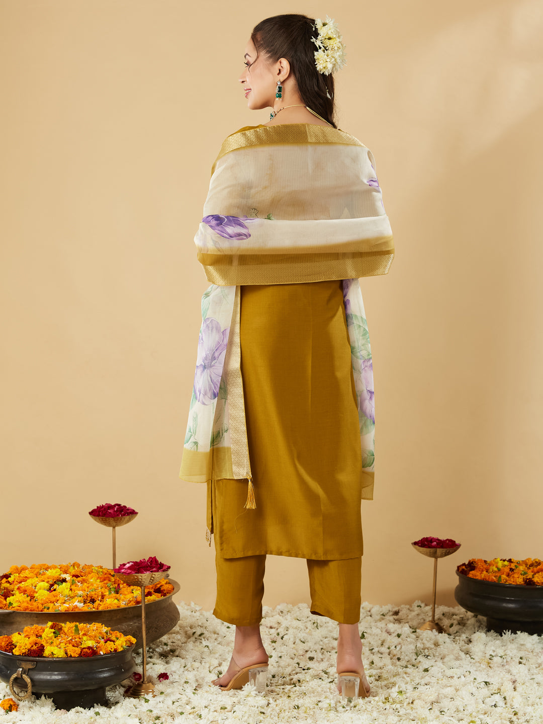 Yellow Embroidered Chinon Straight Kurta With Printed Dupatta