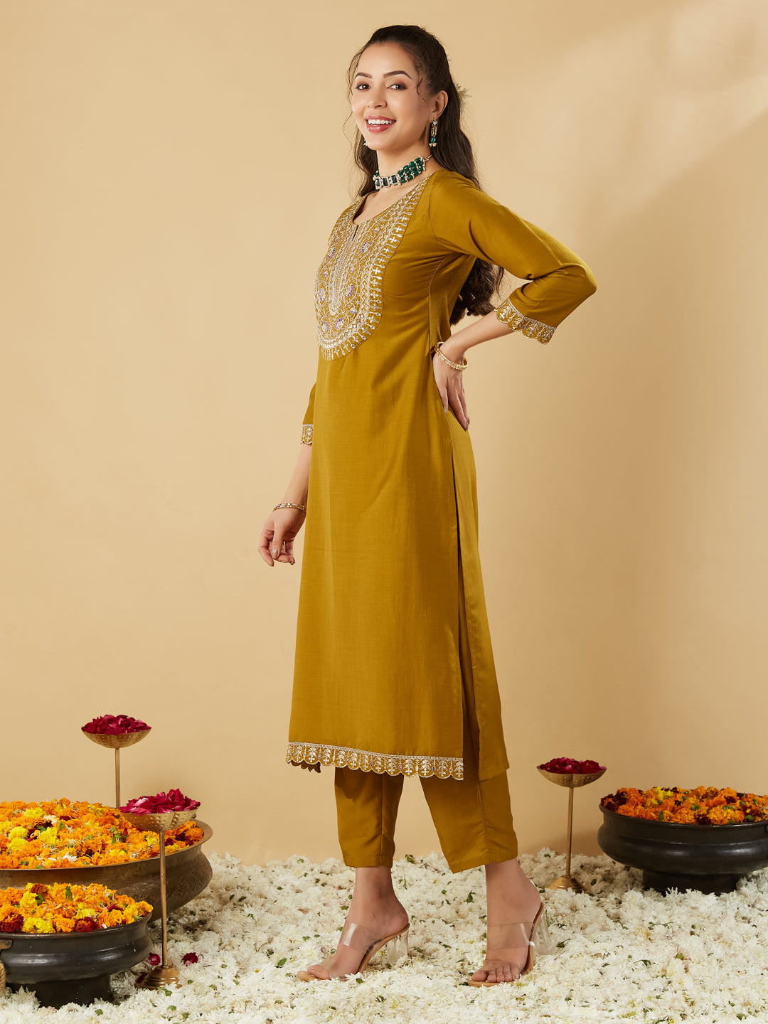 Yellow Embroidered Chinon Straight Kurta With Printed Dupatta