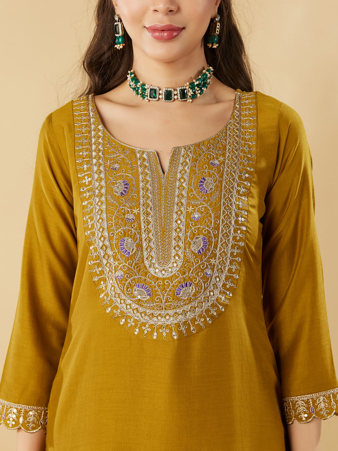 Yellow Embroidered Chinon Straight Kurta With Printed Dupatta