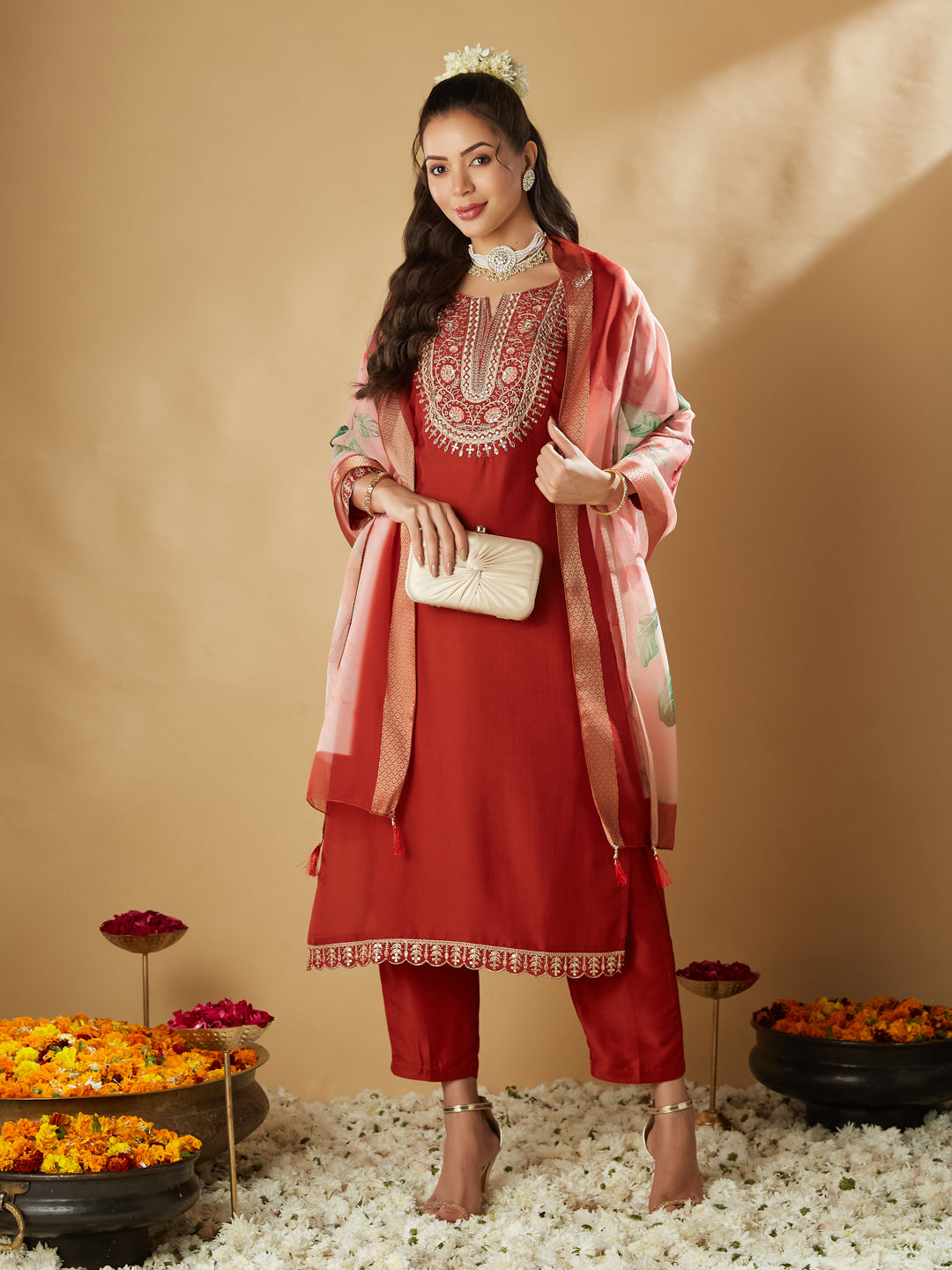 Orange Embroidered Chinon Straight Kurta With Printed Dupatta