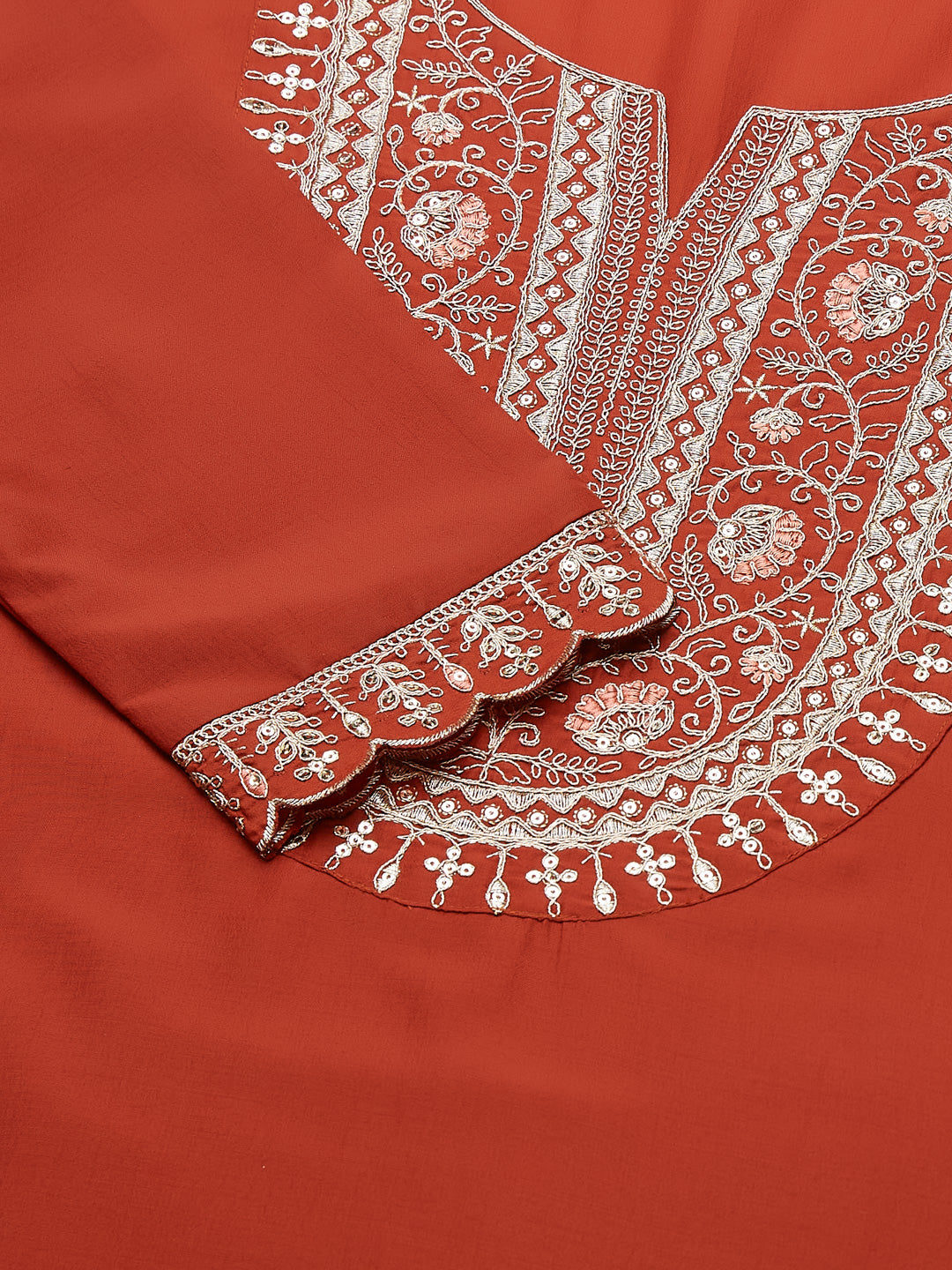 Orange Embroidered Chinon Straight Kurta With Printed Dupatta