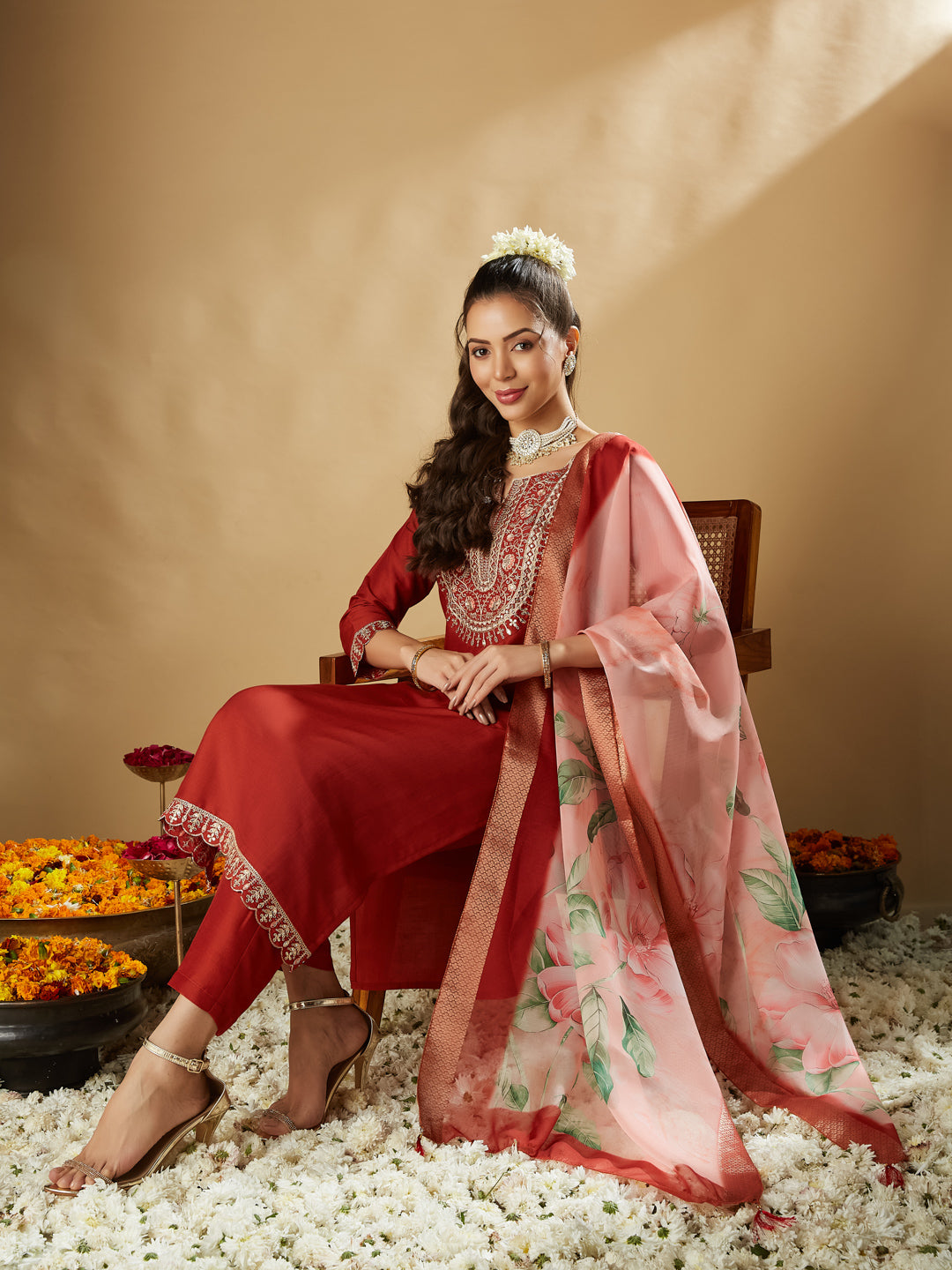 Orange Embroidered Chinon Straight Kurta With Printed Dupatta