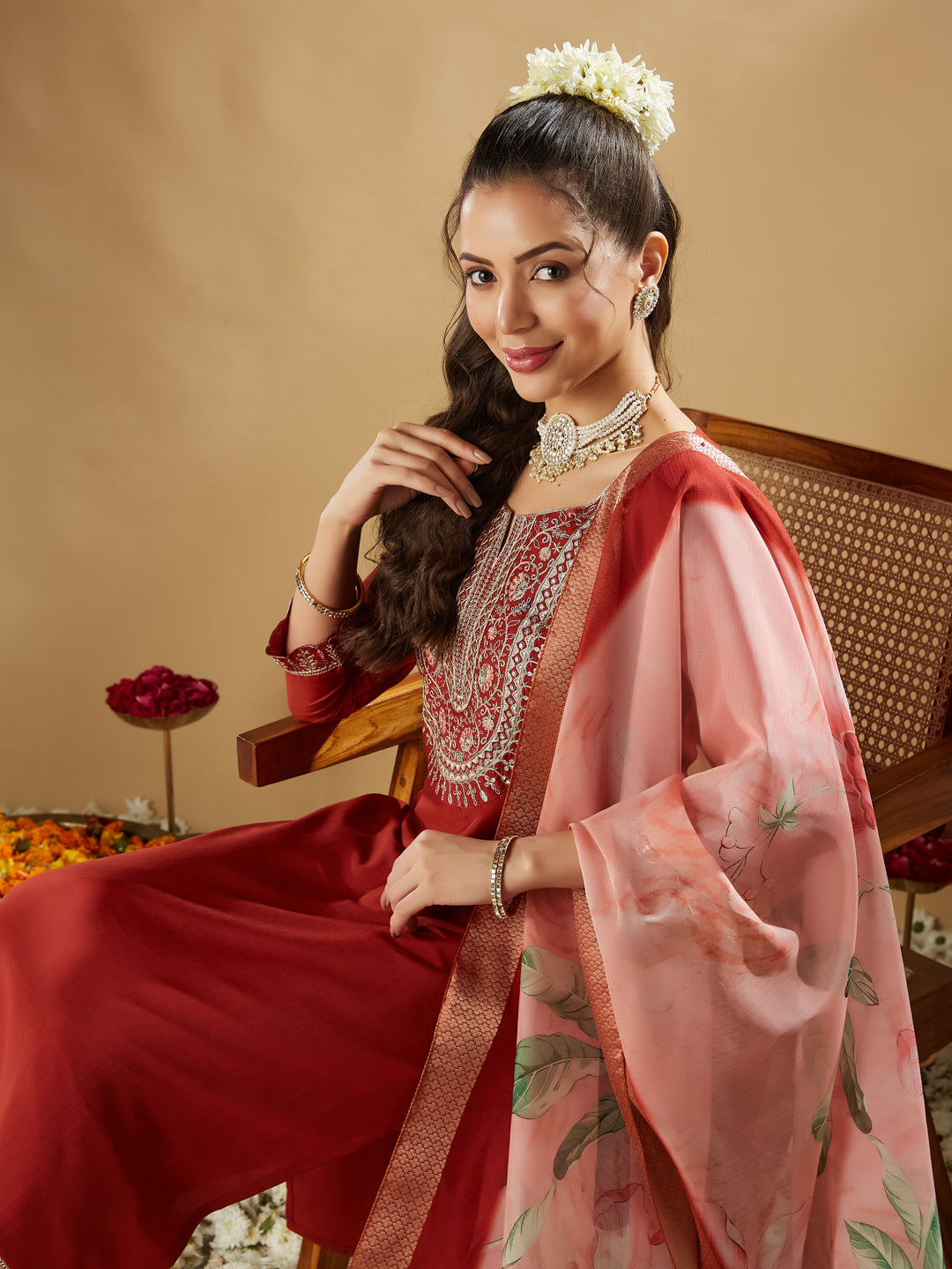 Orange Embroidered Chinon Straight Kurta With Printed Dupatta