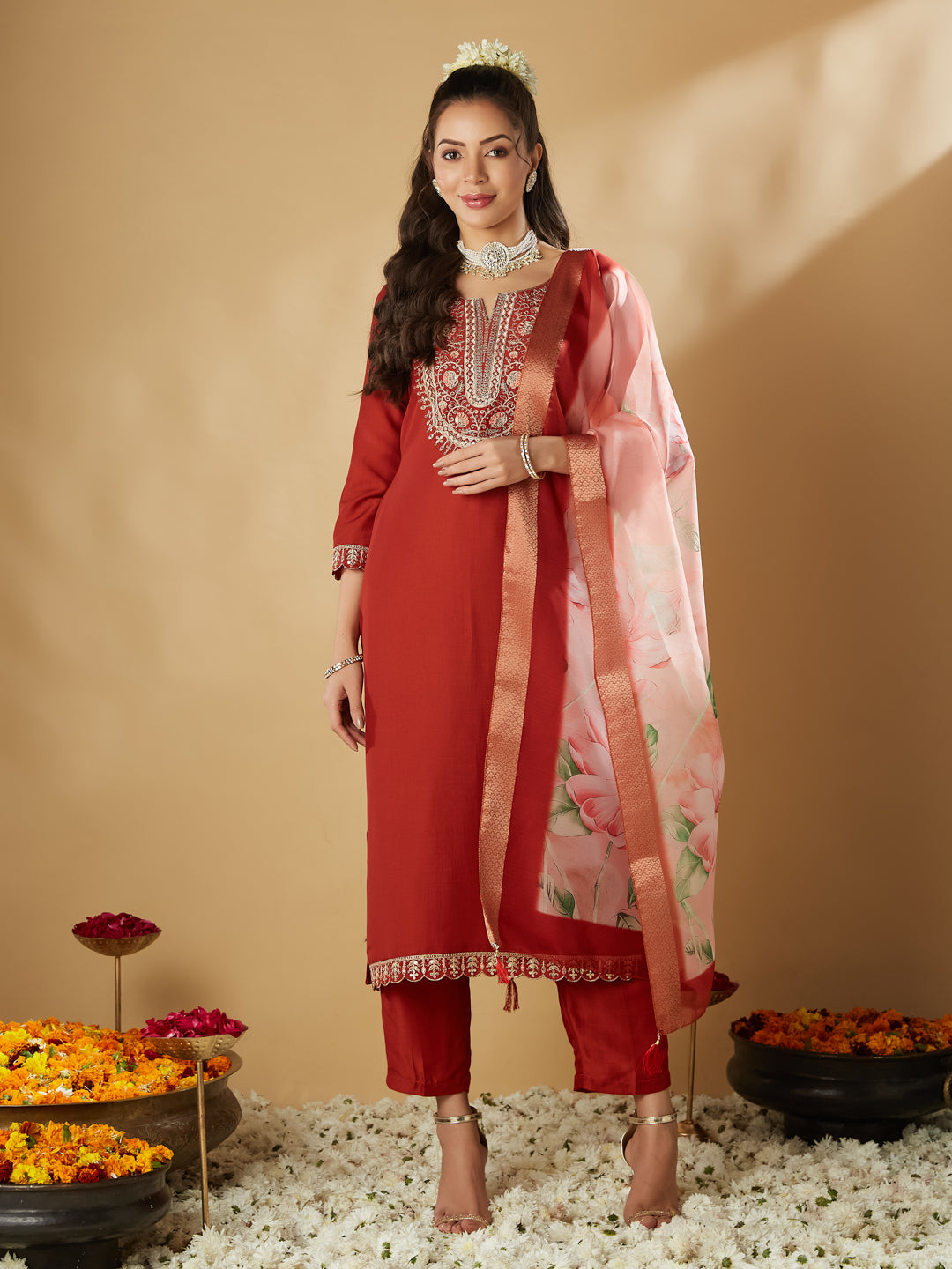 Orange Embroidered Chinon Straight Kurta With Printed Dupatta