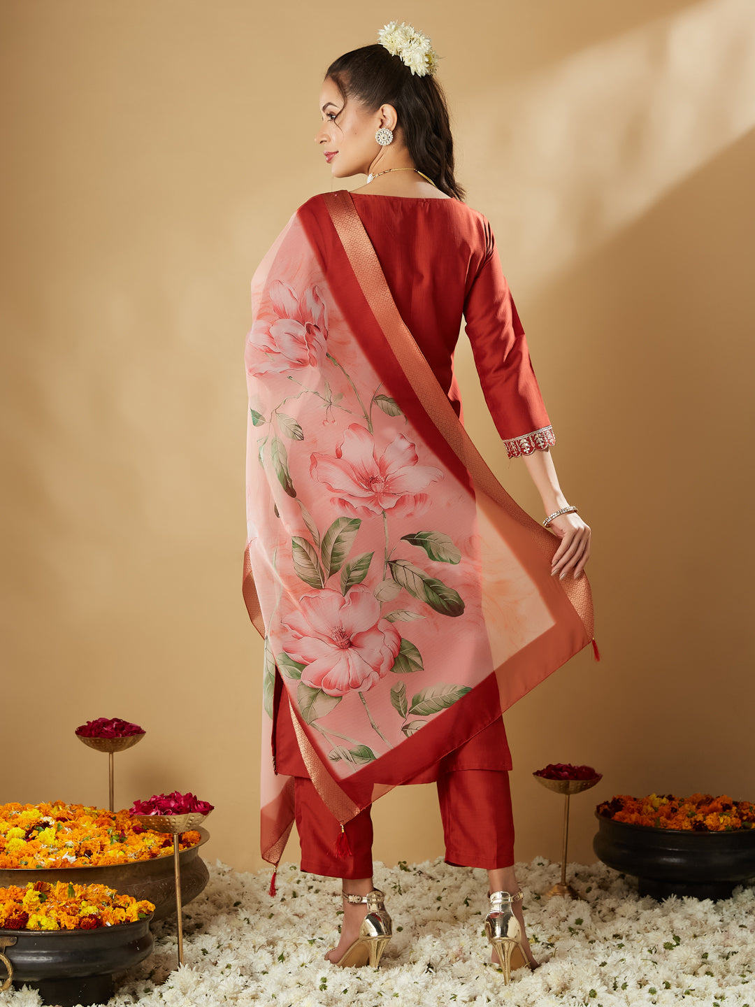 Orange Embroidered Chinon Straight Kurta With Printed Dupatta