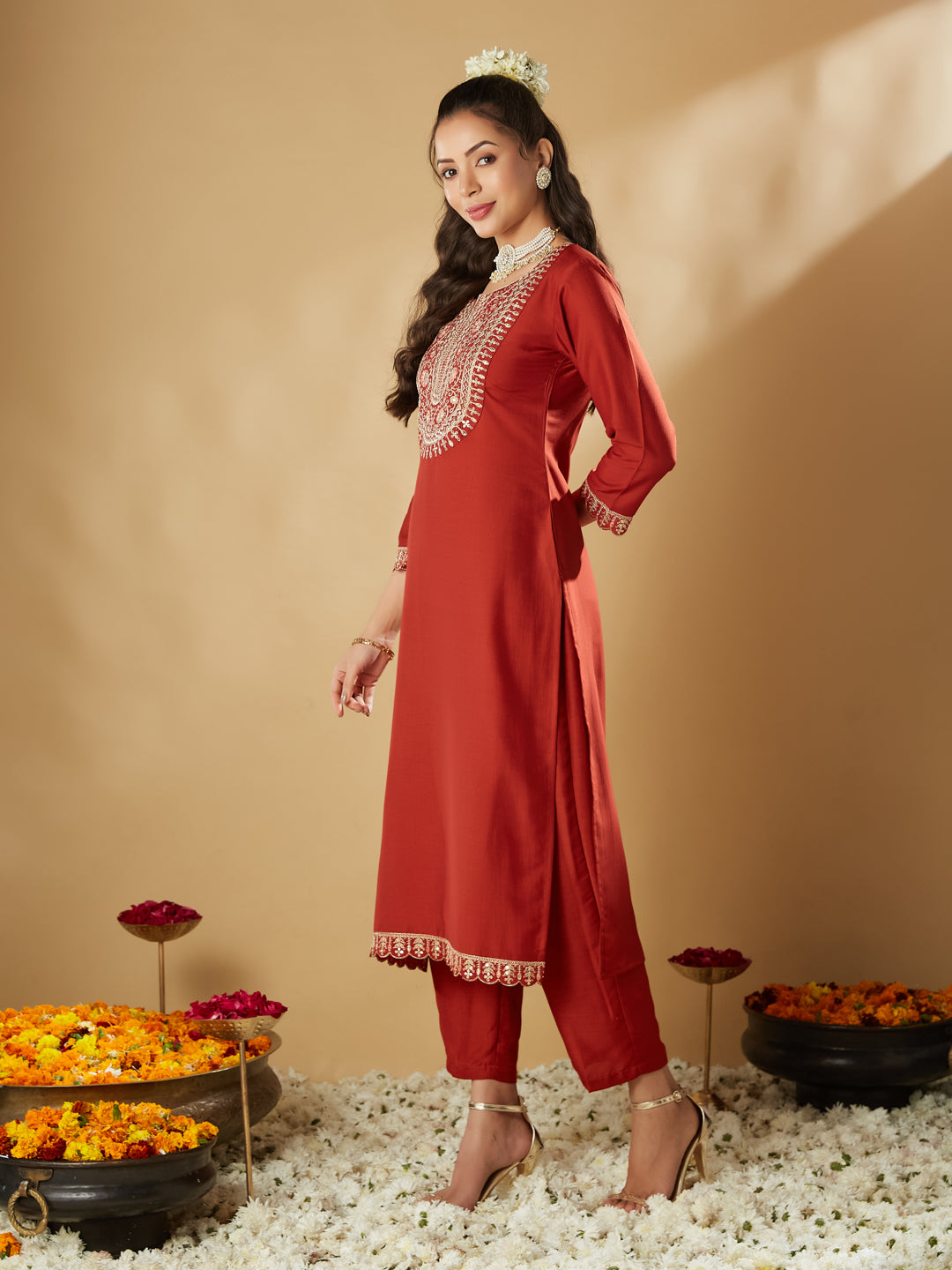 Orange Embroidered Chinon Straight Kurta With Printed Dupatta