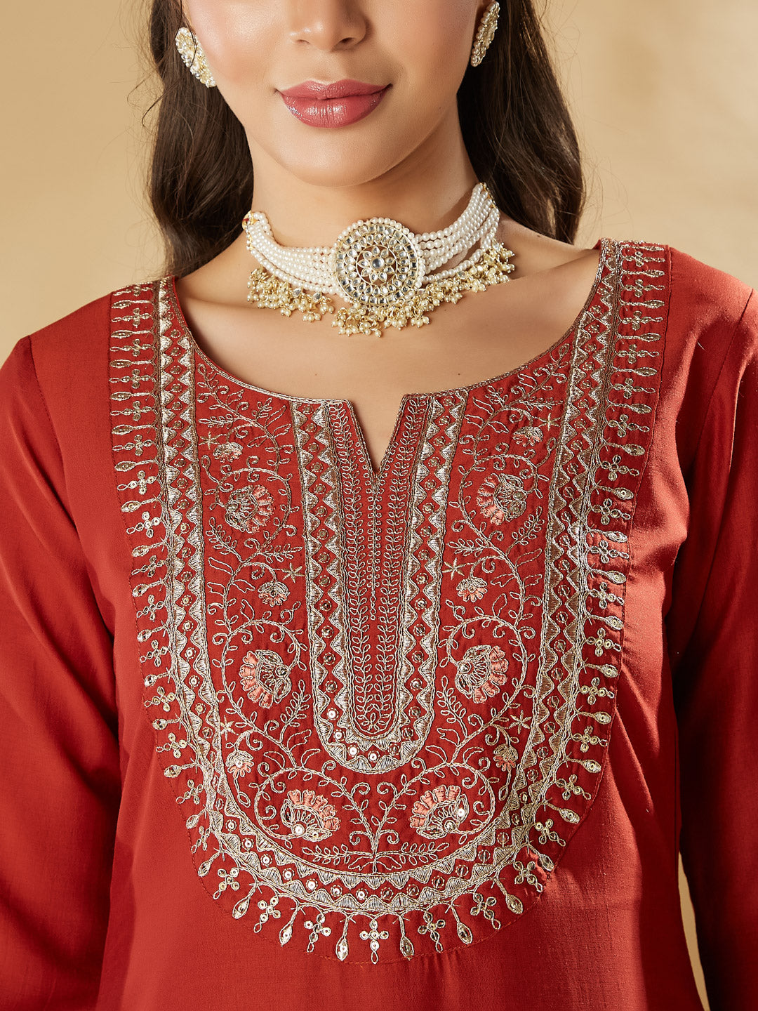 Orange Embroidered Chinon Straight Kurta With Printed Dupatta