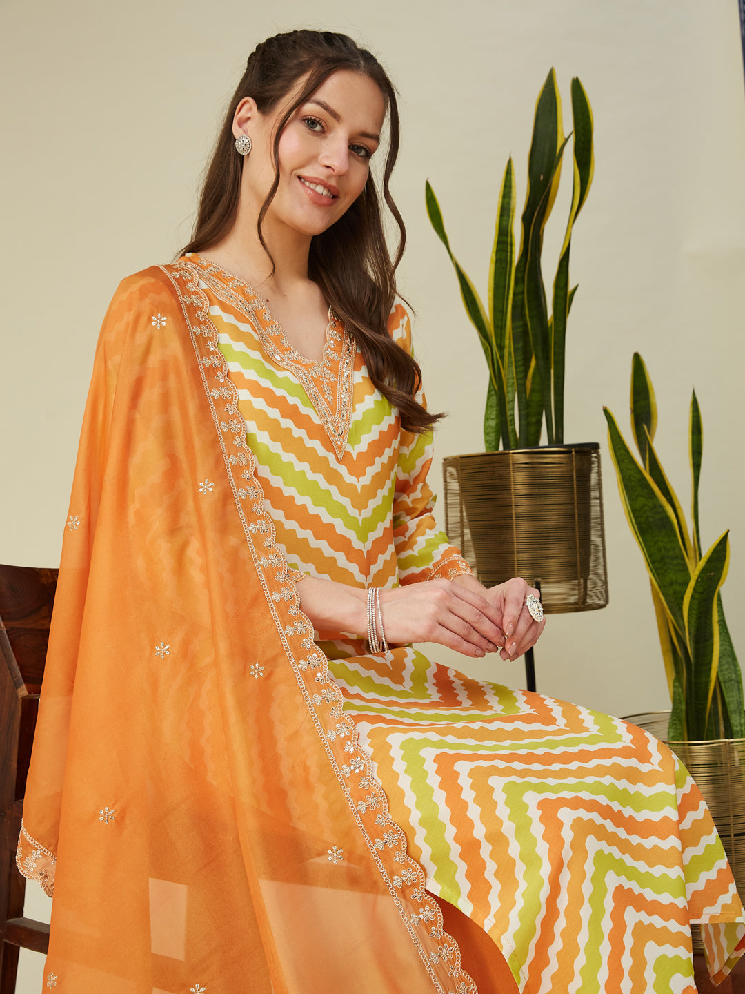 Orange Embroidered Printed Chinon Straight Kurta with Dupatta set