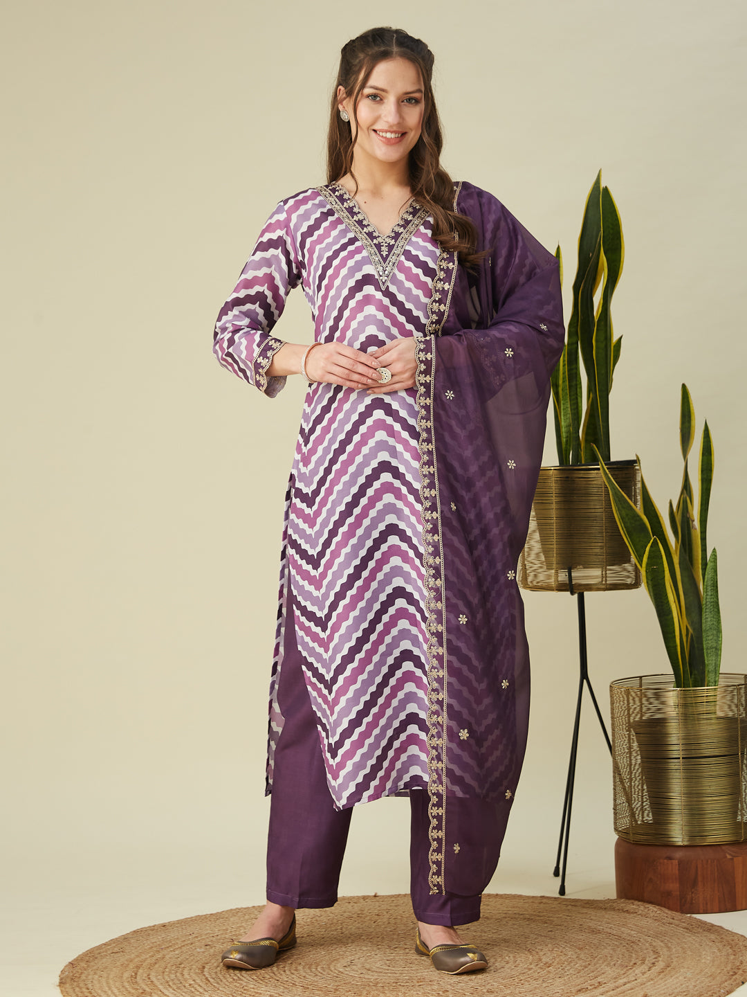 Lavender Embroidered Printed Chinon Straight Kurta with Dupatta set