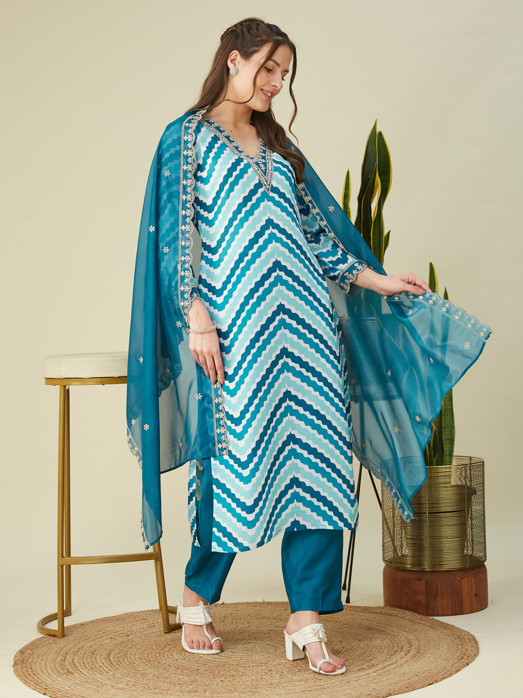 Rama Embroidered Printed Chinon Straight Kurta with Dupatta set