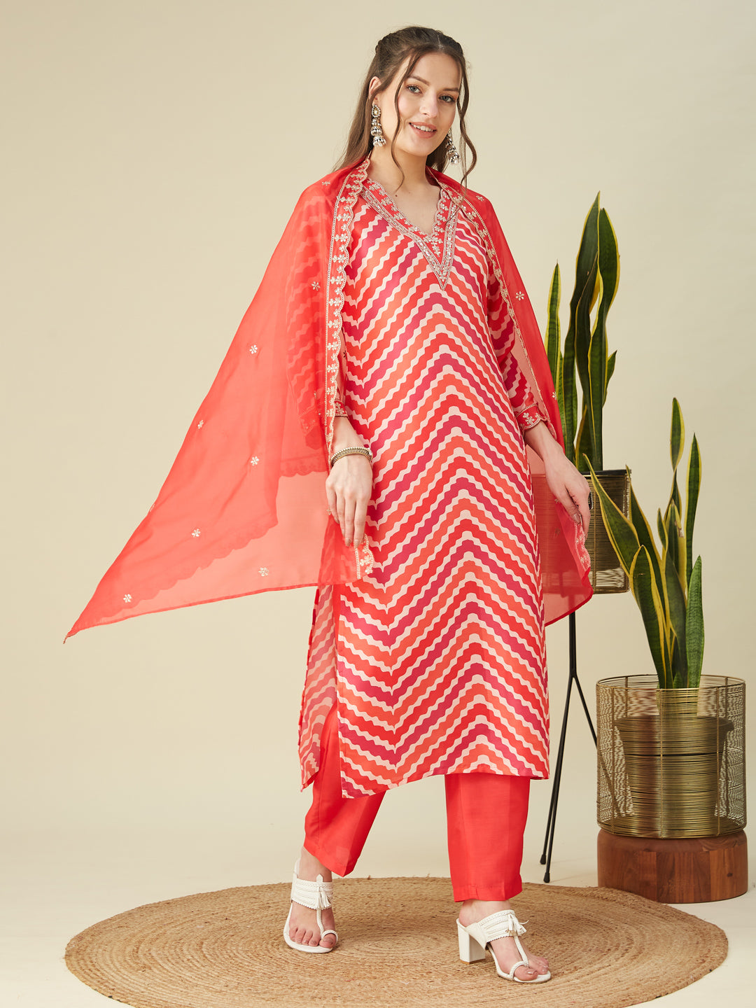 Pink Embroidered Printed Chinon Straight Kurta with Dupatta set