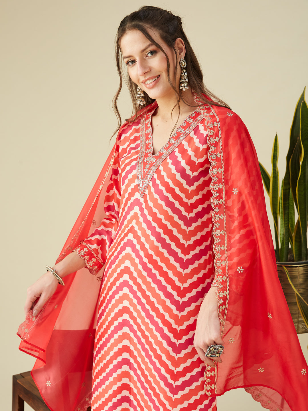 Pink Embroidered Printed Chinon Straight Kurta with Dupatta set