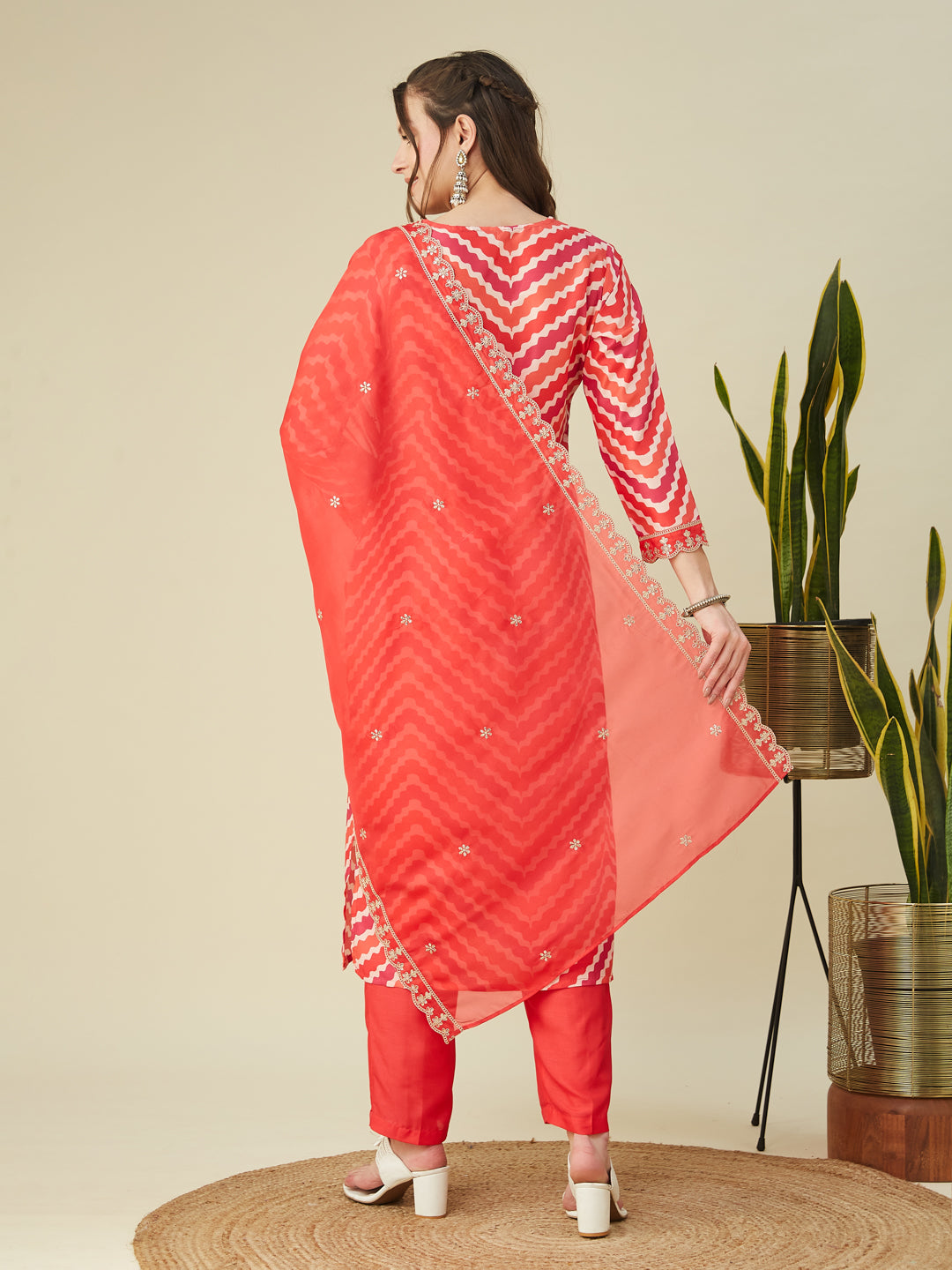 Pink Embroidered Printed Chinon Straight Kurta with Dupatta set